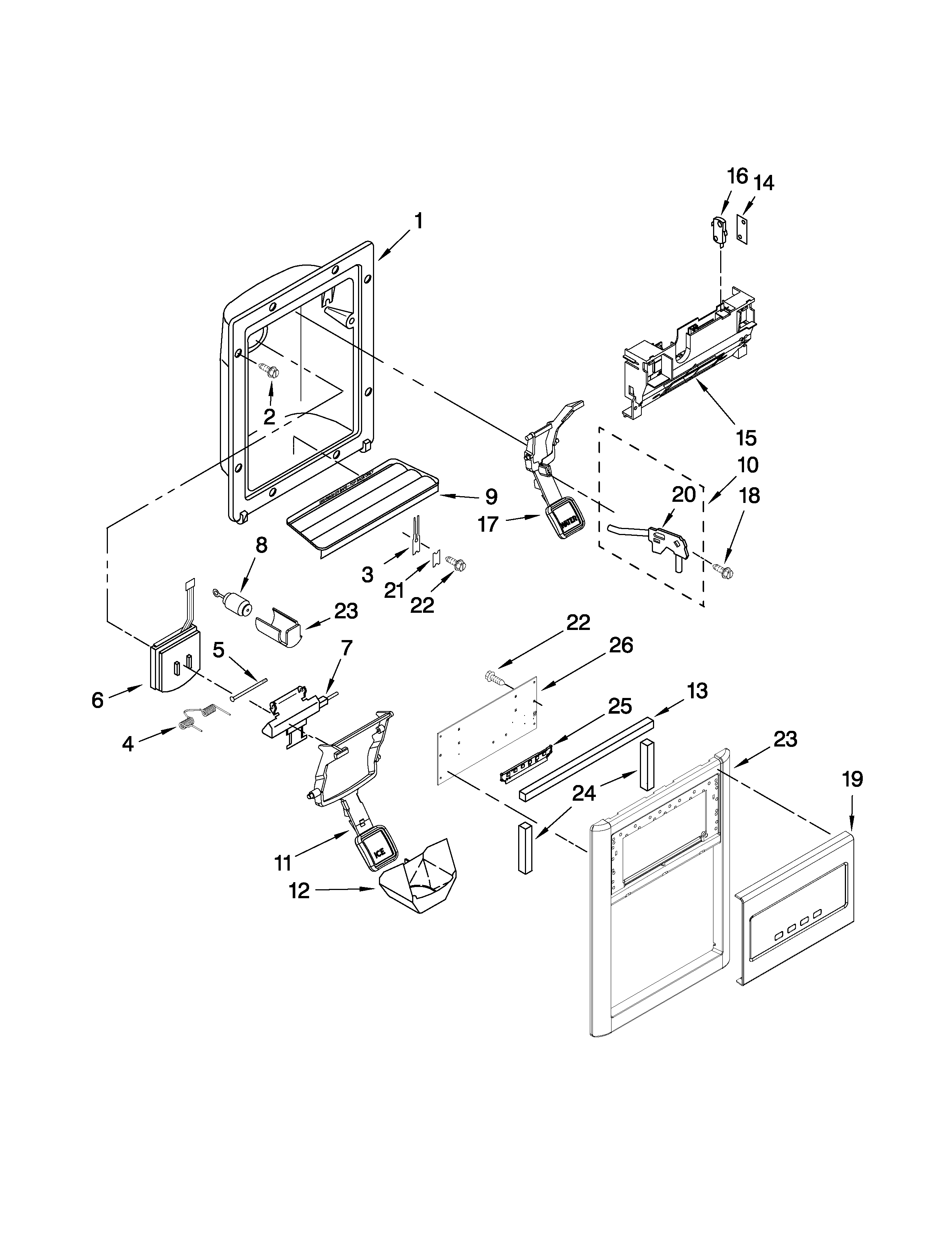 Kenmore Elite 10645433801 dispenser front parts diagram