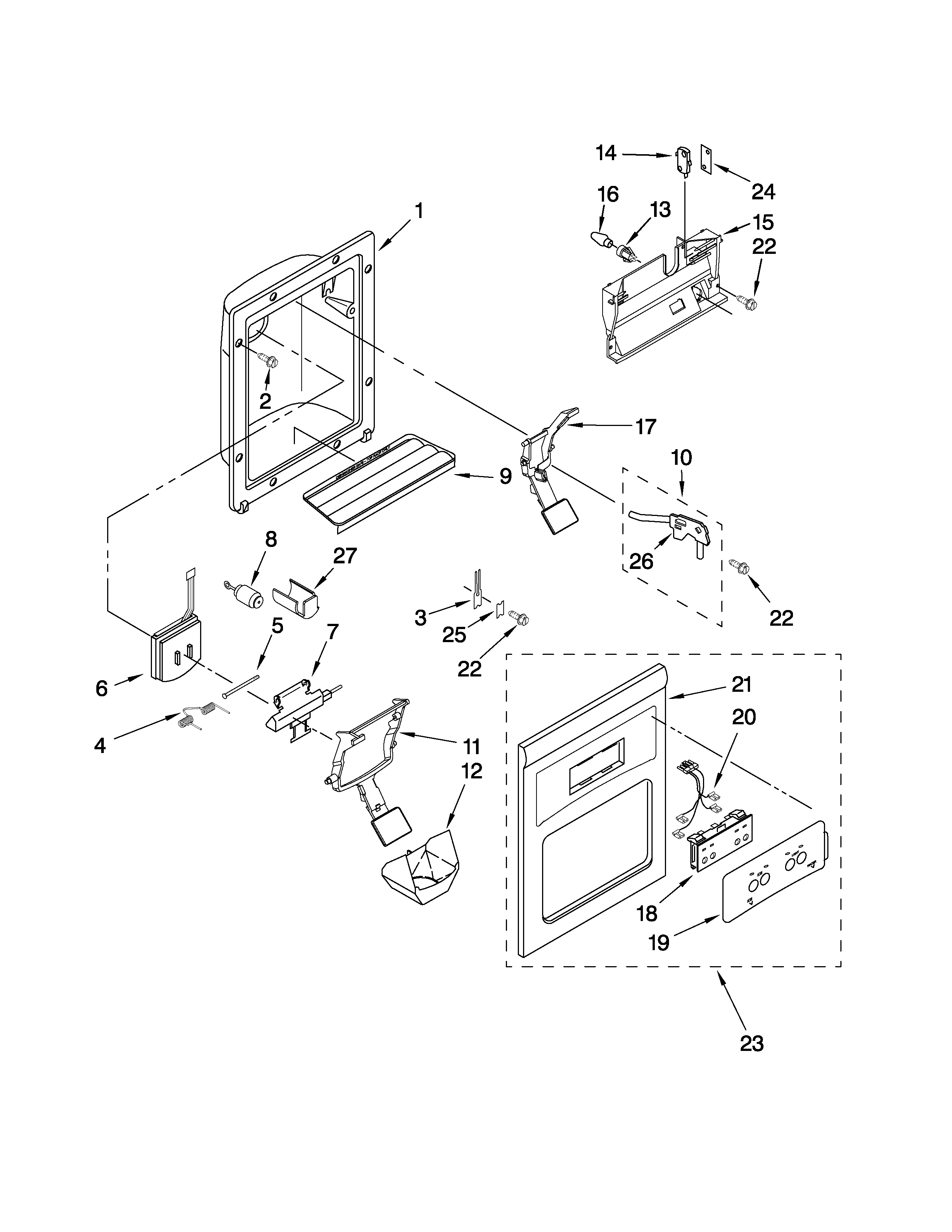Kenmore 10657943700 dispenser front parts diagram