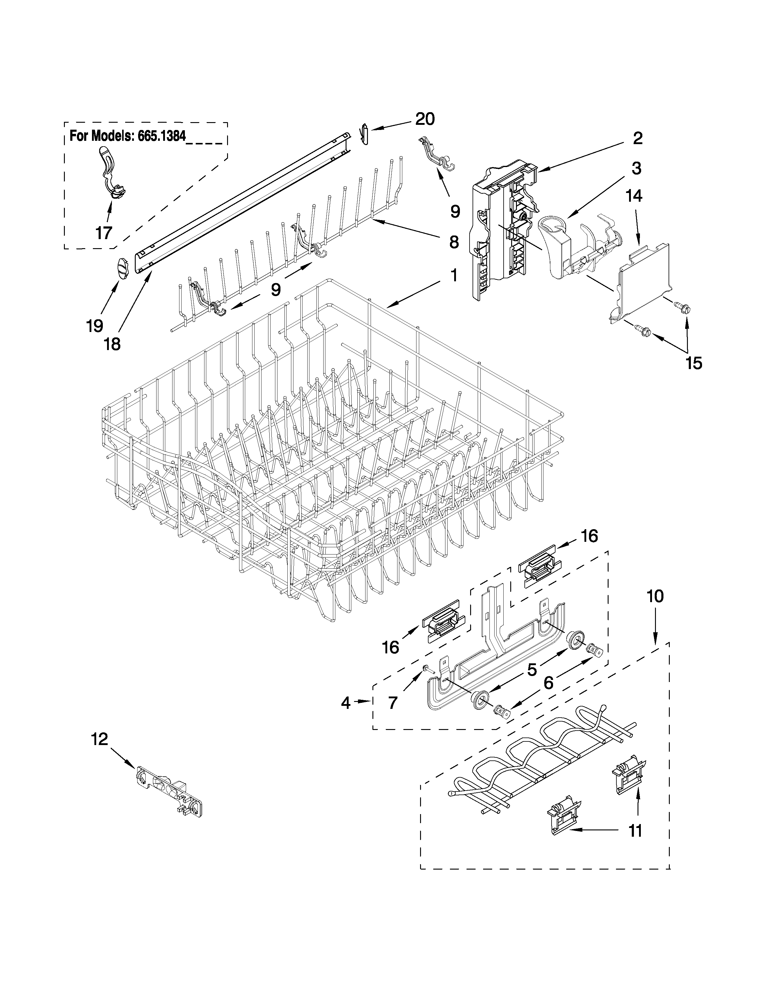 Kenmore 66513749K601 upper rack and track parts diagram