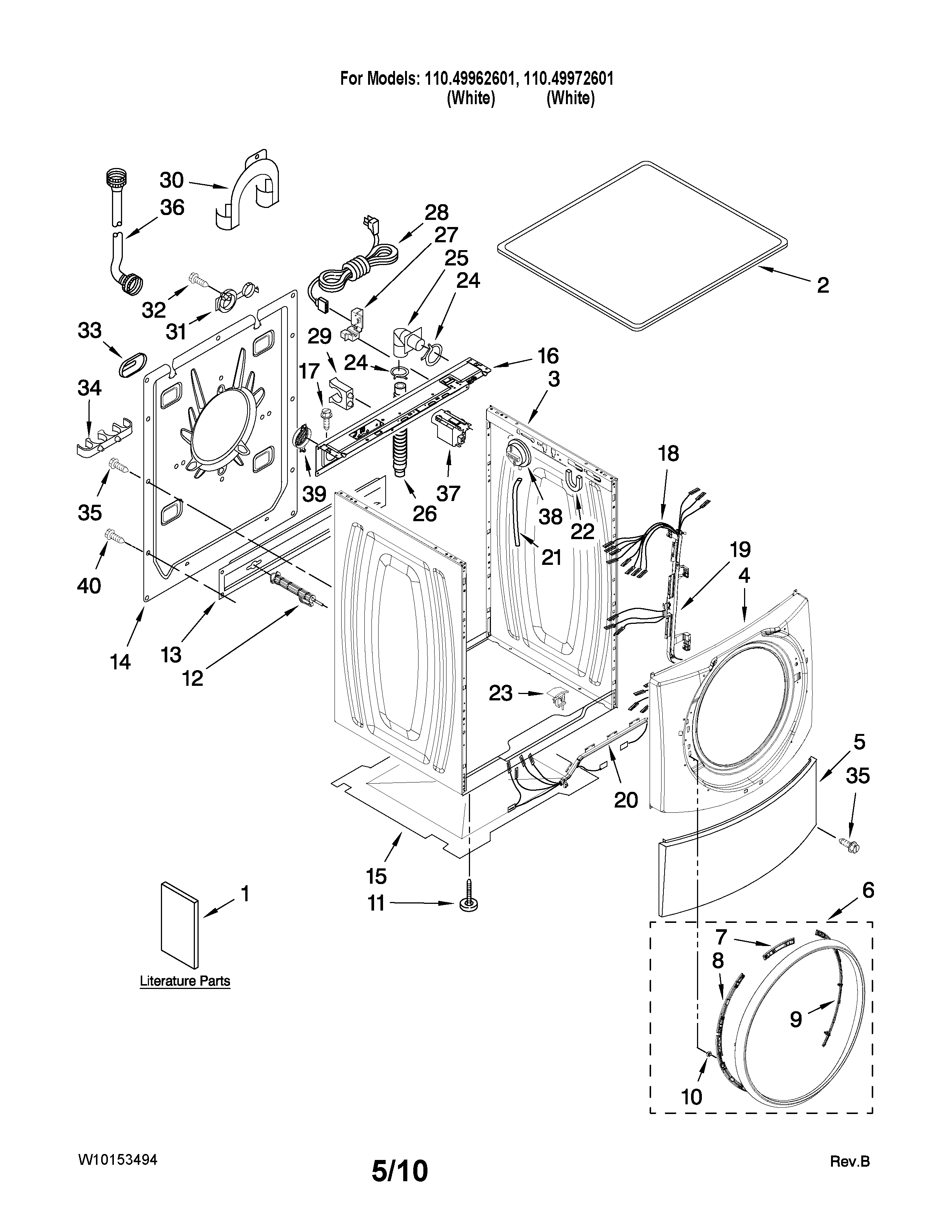 Kenmore Elite 11049962601 top and cabinet parts diagram