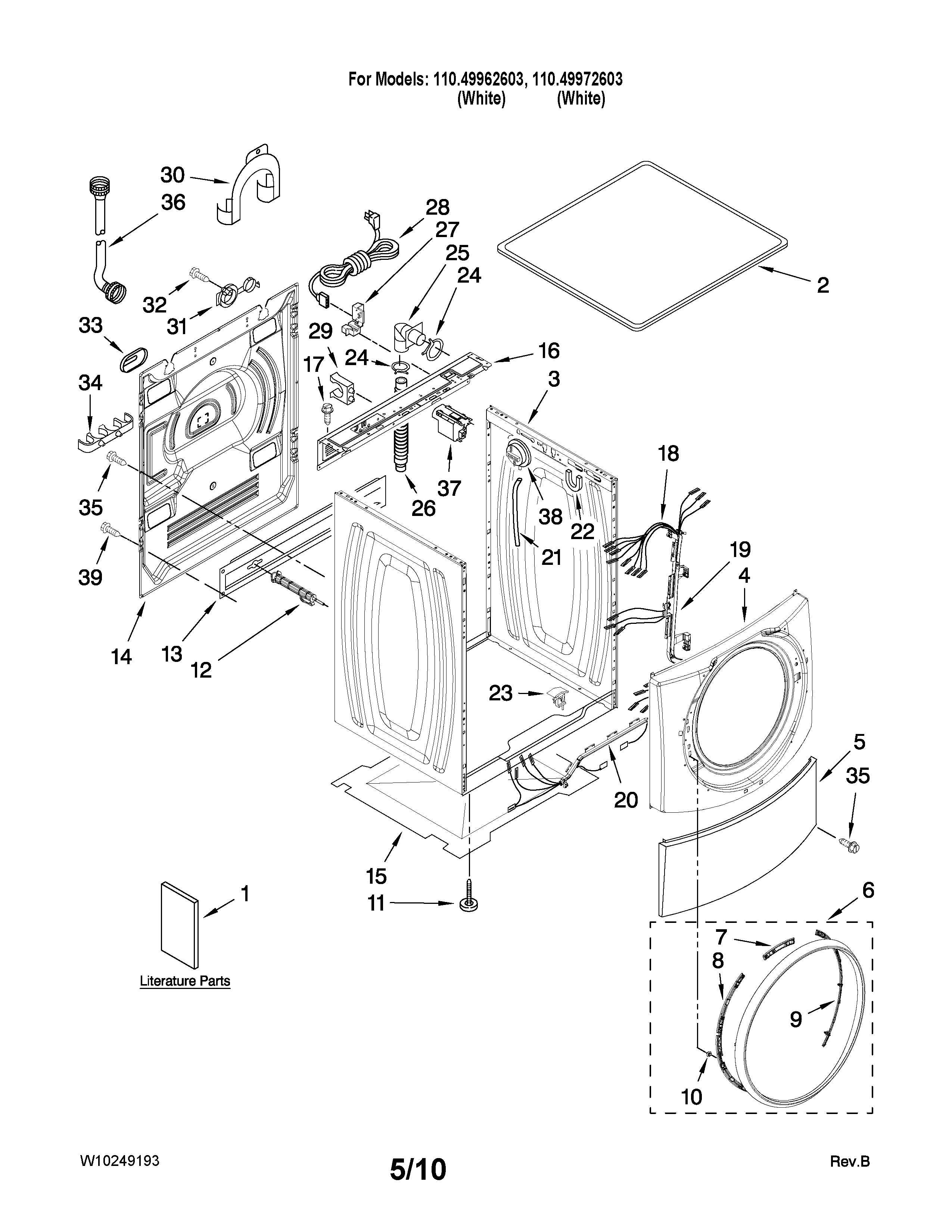 Kenmore Elite 11049962603 top and cabinet parts diagram