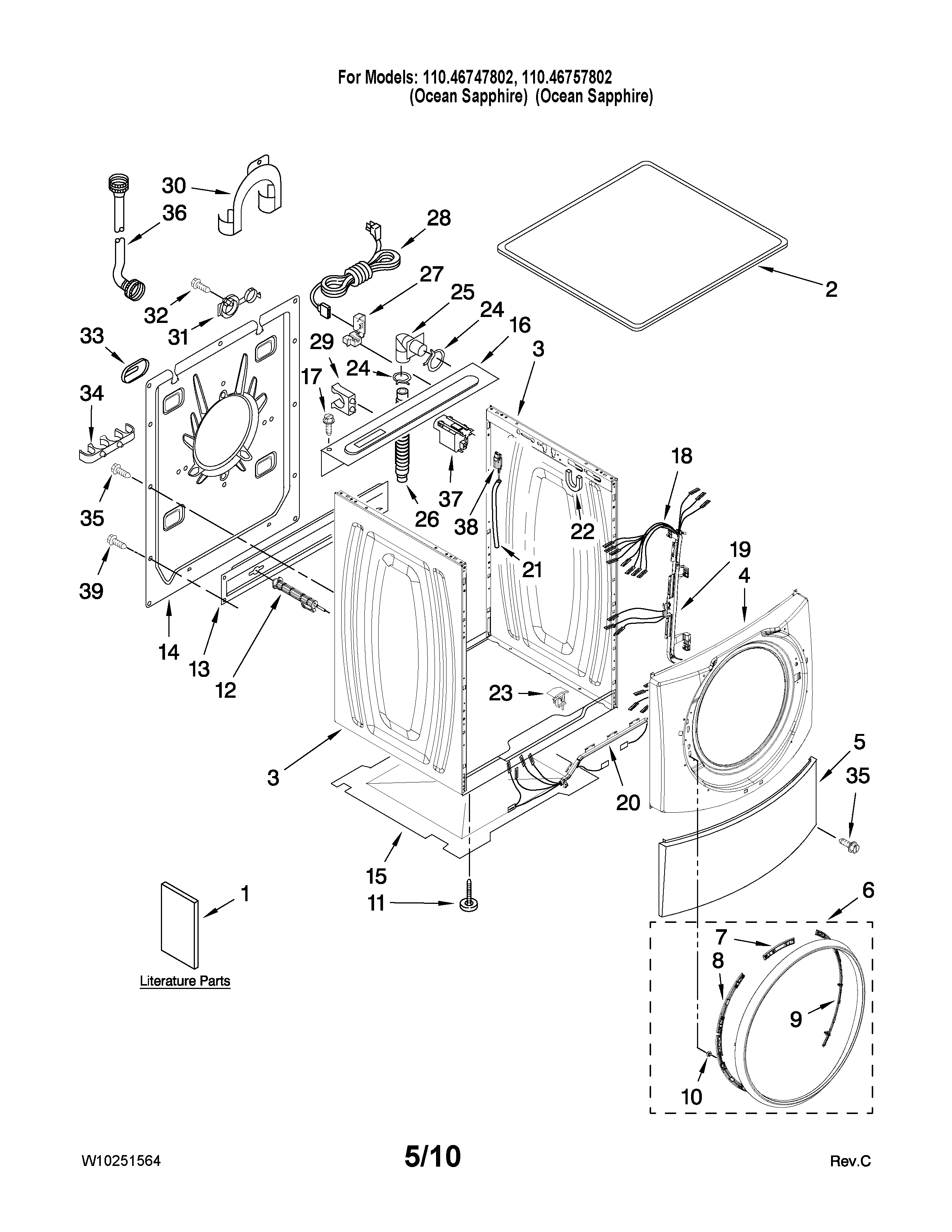 Kenmore Elite 11046757802 top and cabinet parts diagram