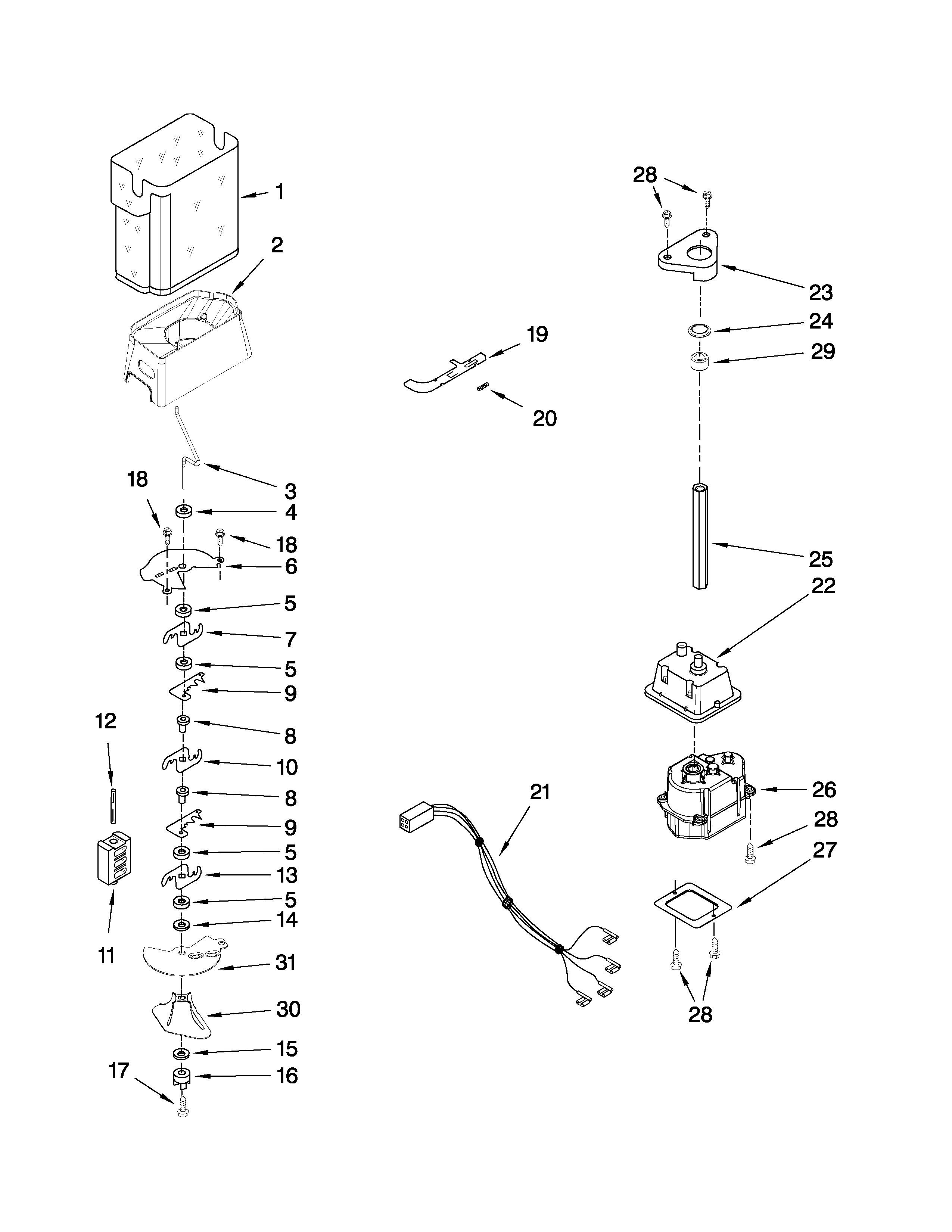 Kenmore Elite 10659972805 motor and ice container parts diagram