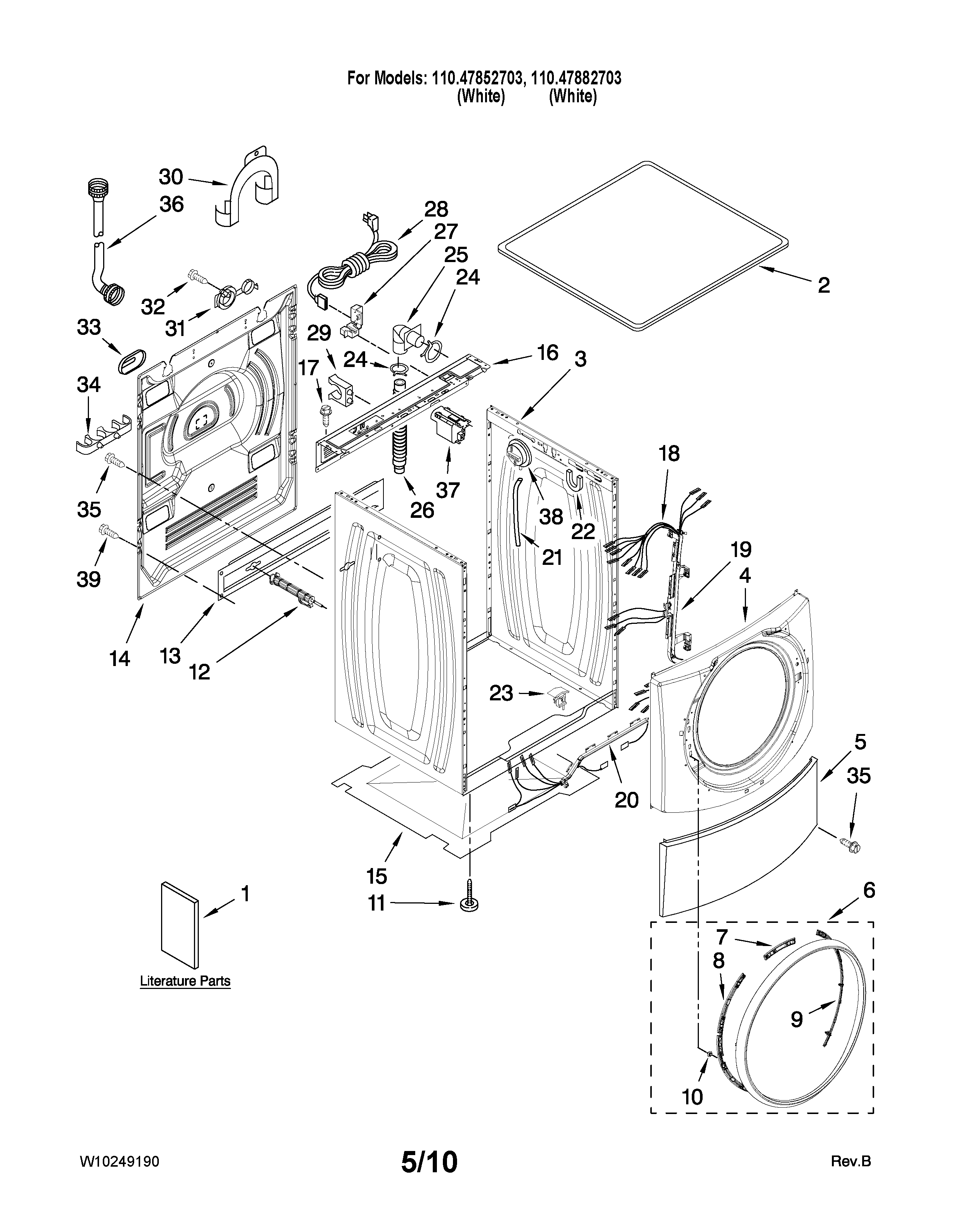 Kenmore Elite 11047882703 top and cabinet parts diagram