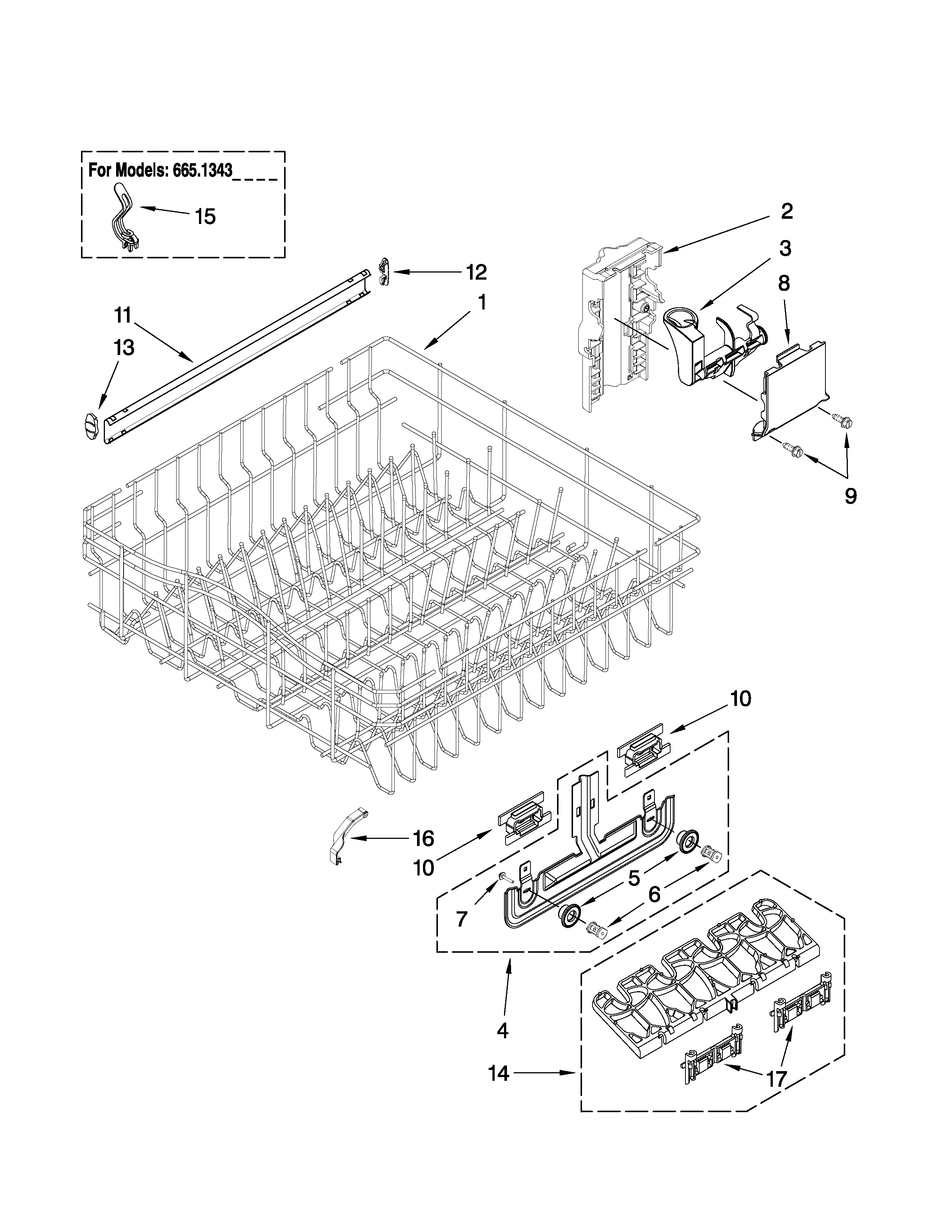 Kenmore Elite 66513433K704 upper rack and track parts diagram