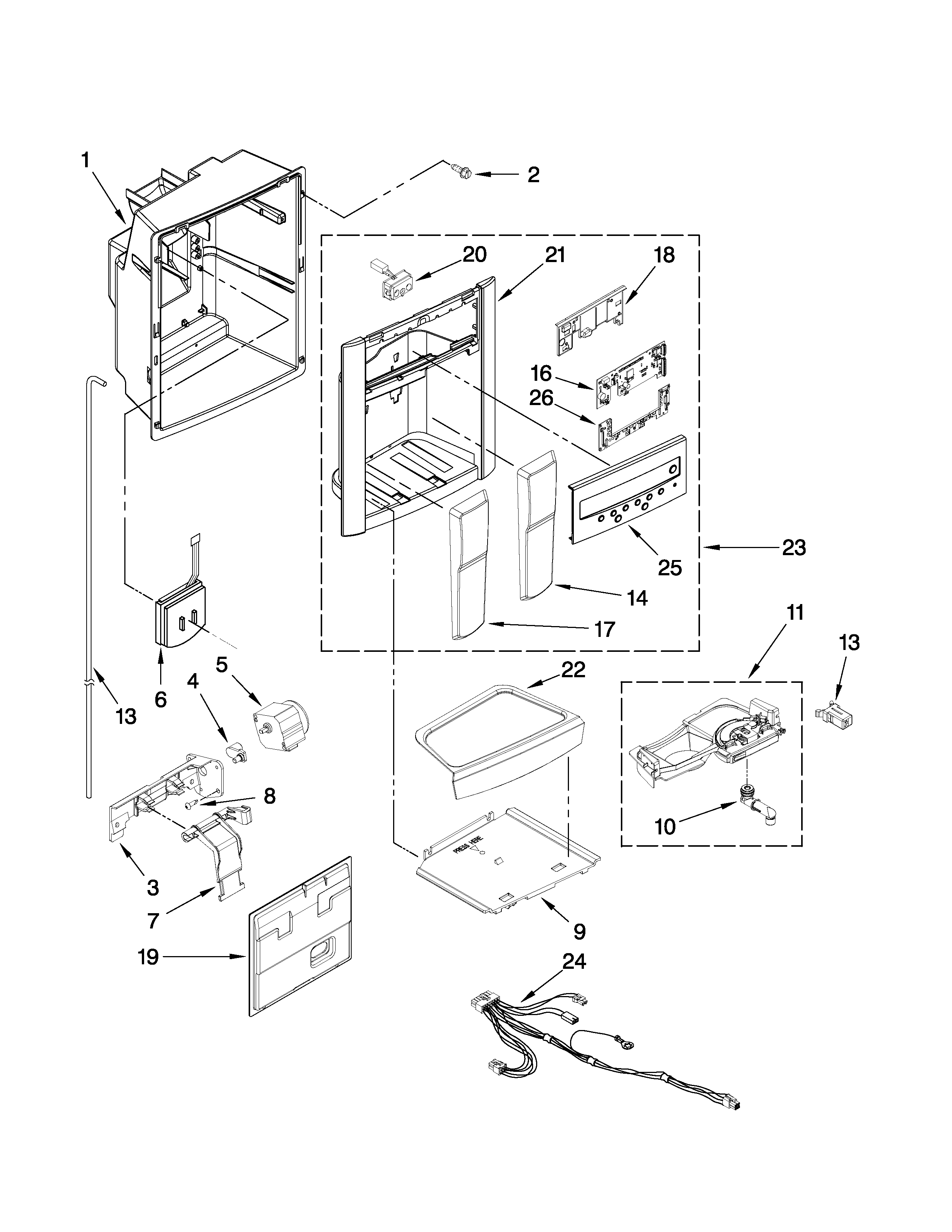 Kenmore Elite 10654789802 dispenser front parts diagram