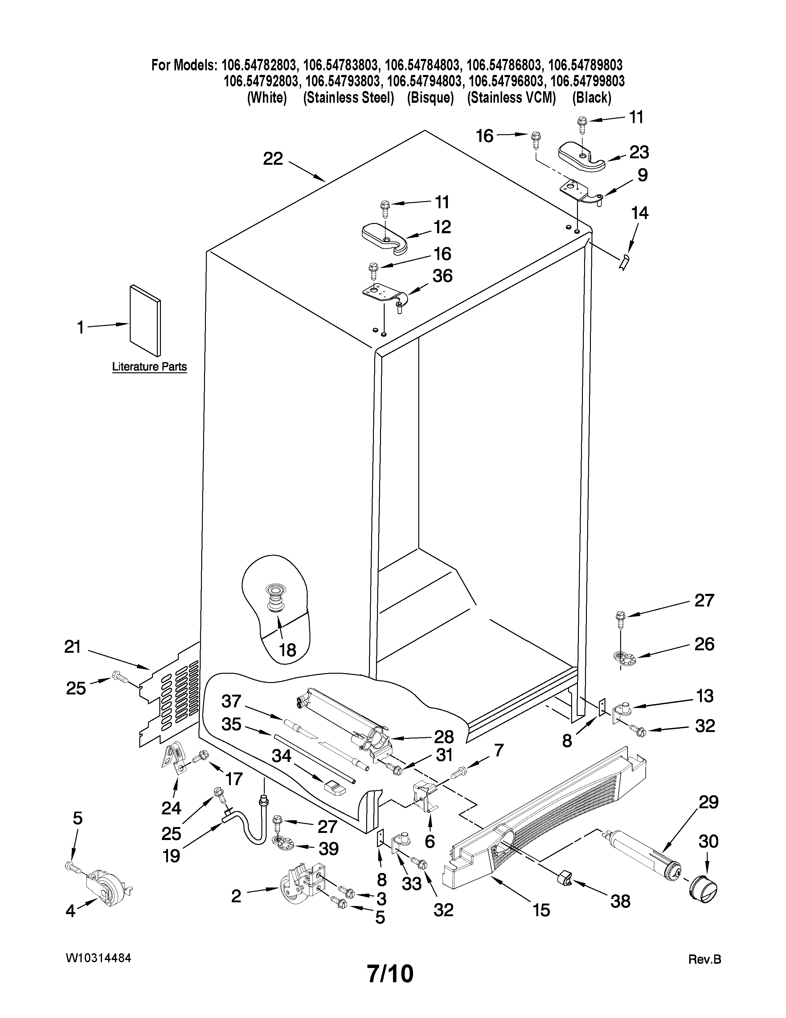 Kenmore Elite 10654796803 cabinet parts diagram