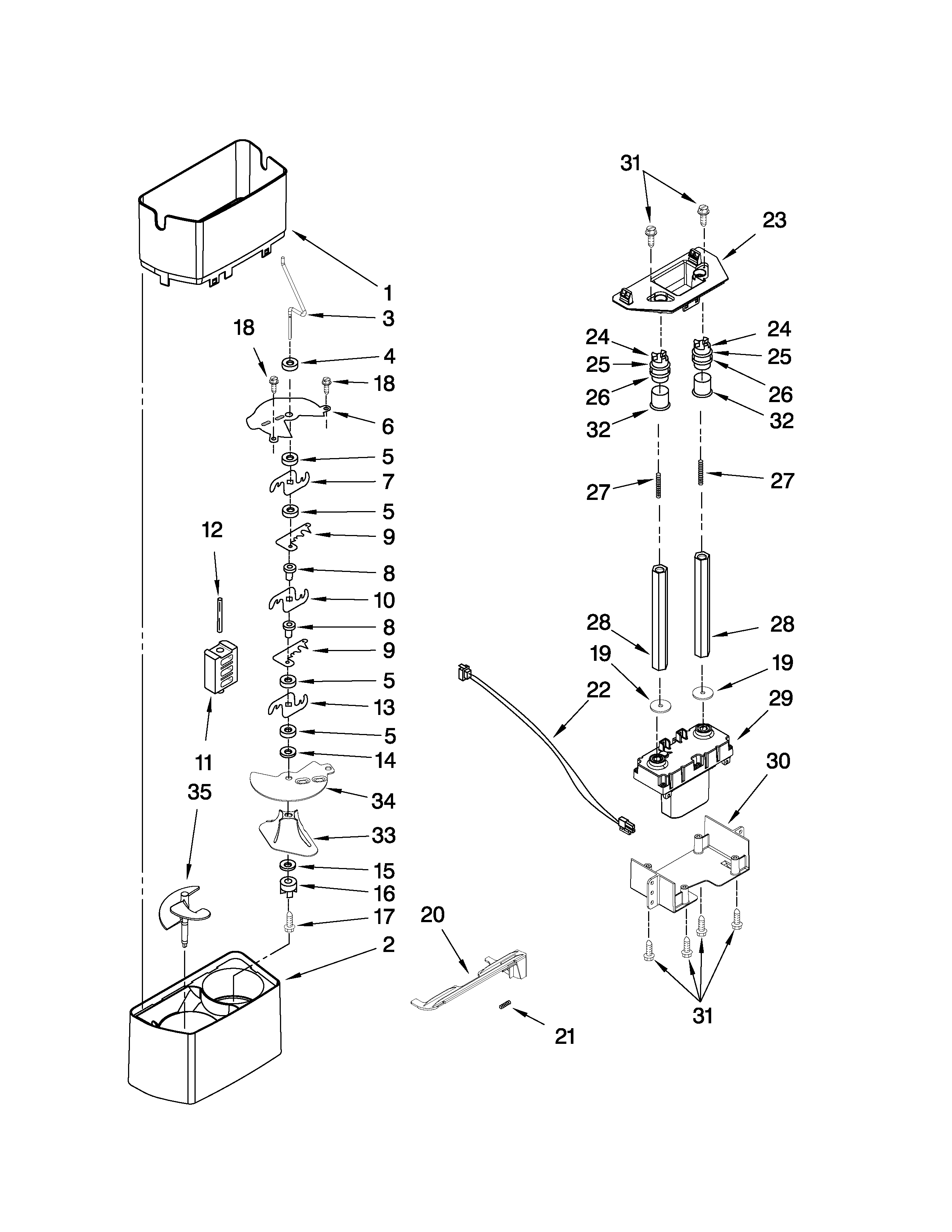 Kenmore Elite 10654796803 motor and ice container parts diagram