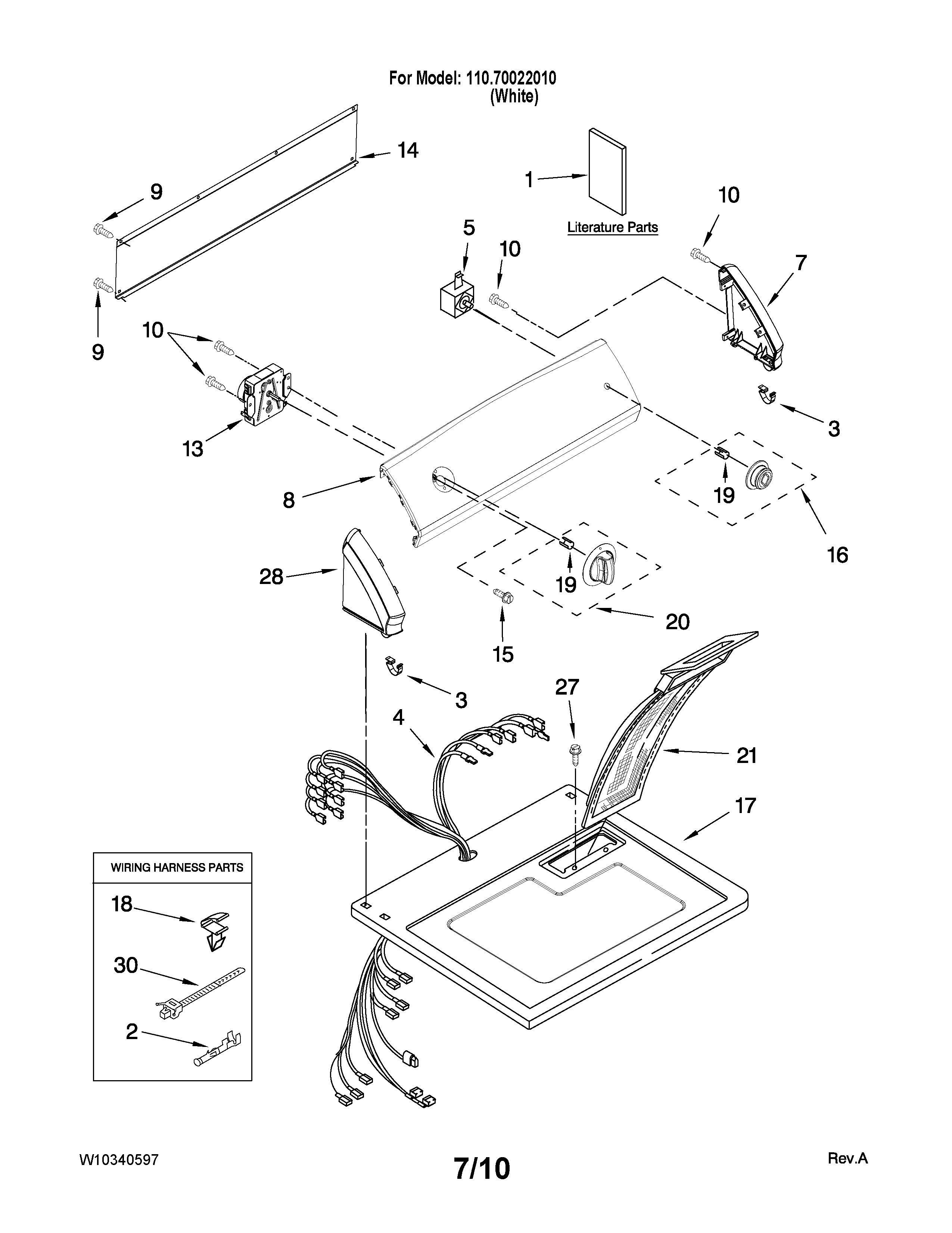 Kenmore 11070022010 top and console parts diagram