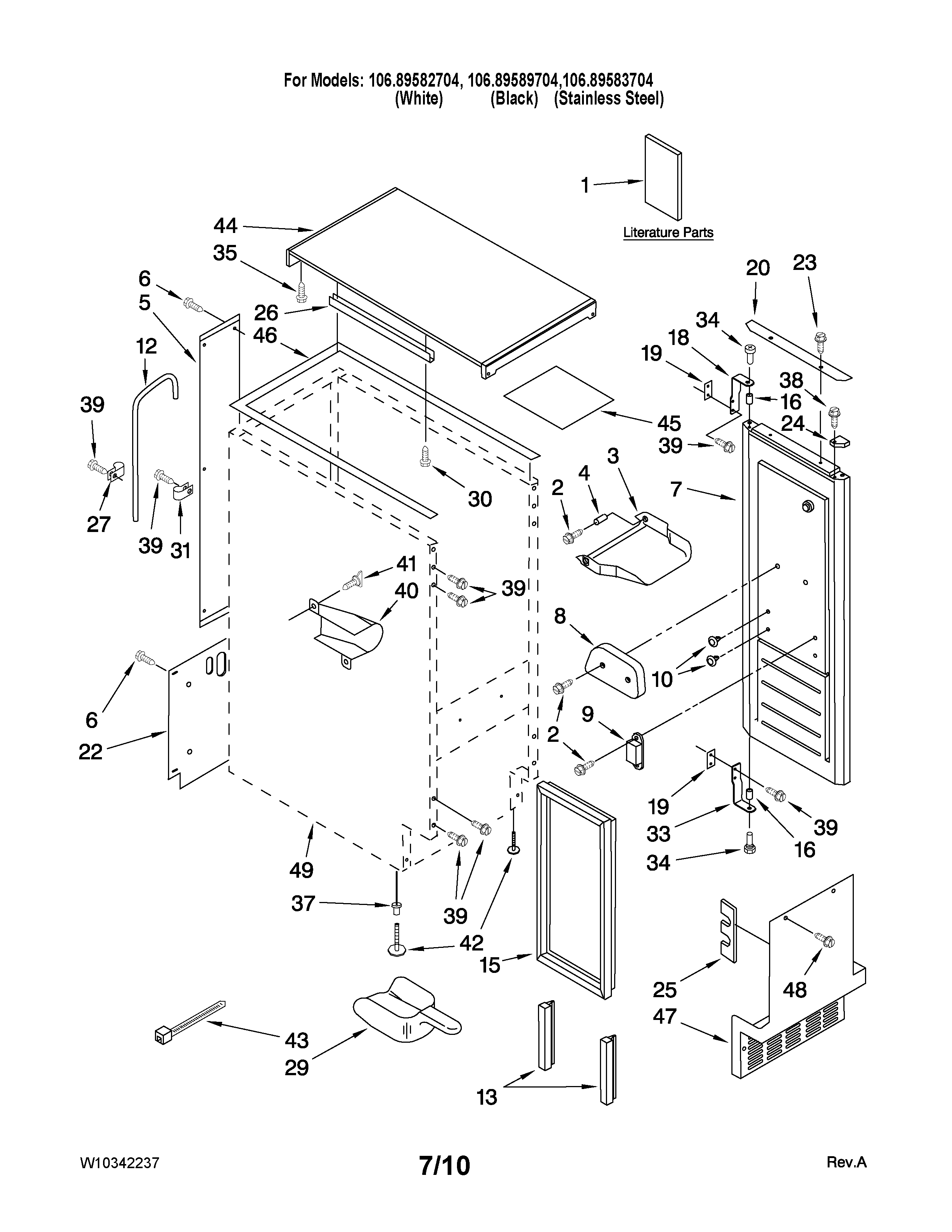 Kenmore 10689582704 cabinet liner and door parts diagram