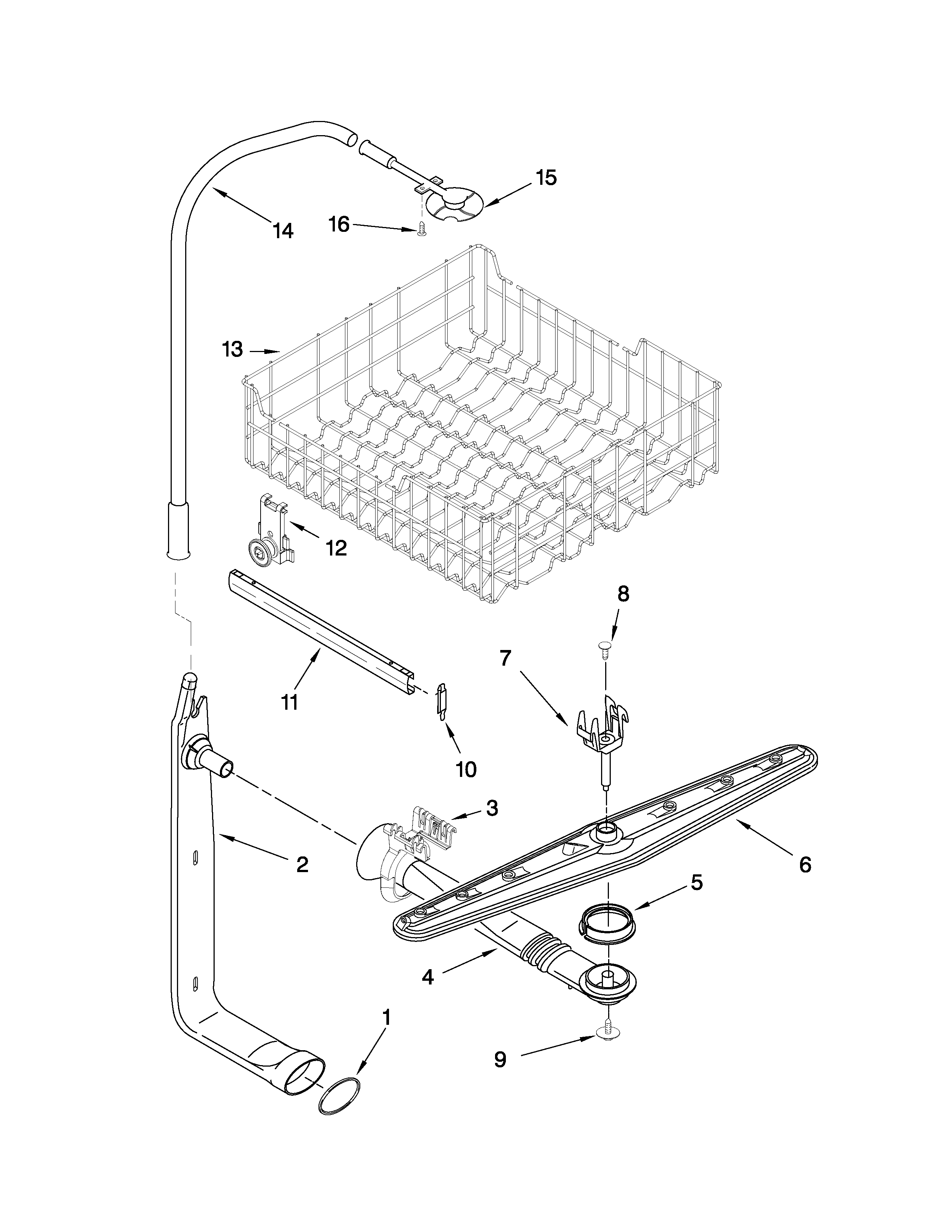 Kenmore 66513409K901 upper dishrack and water feed parts diagram