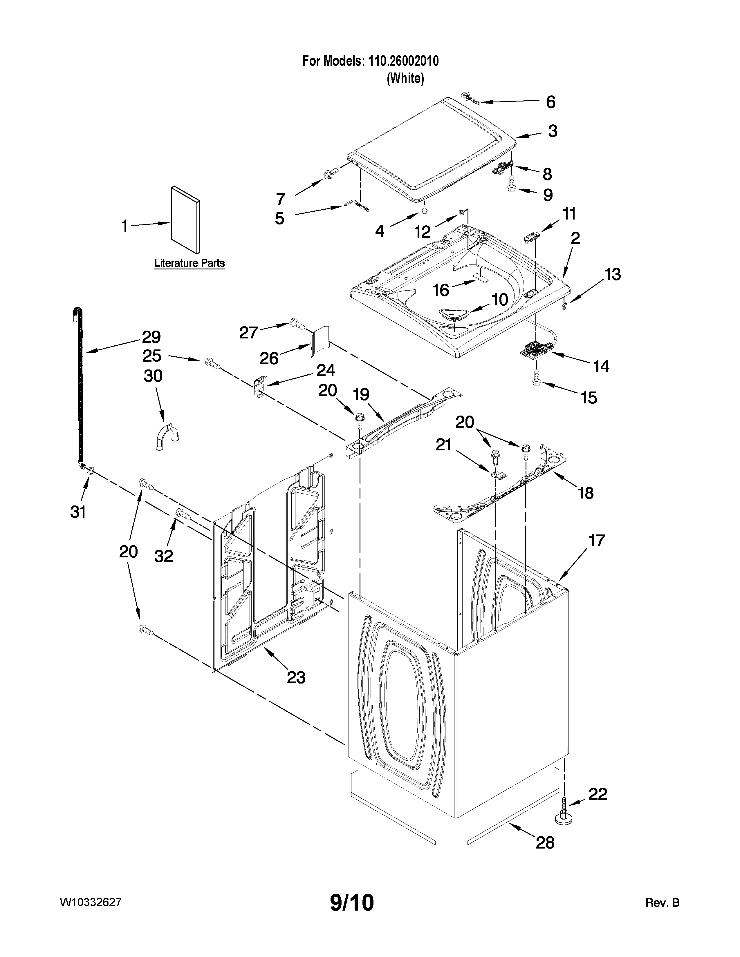 Kenmore 11026002010 top and cabinet parts diagram