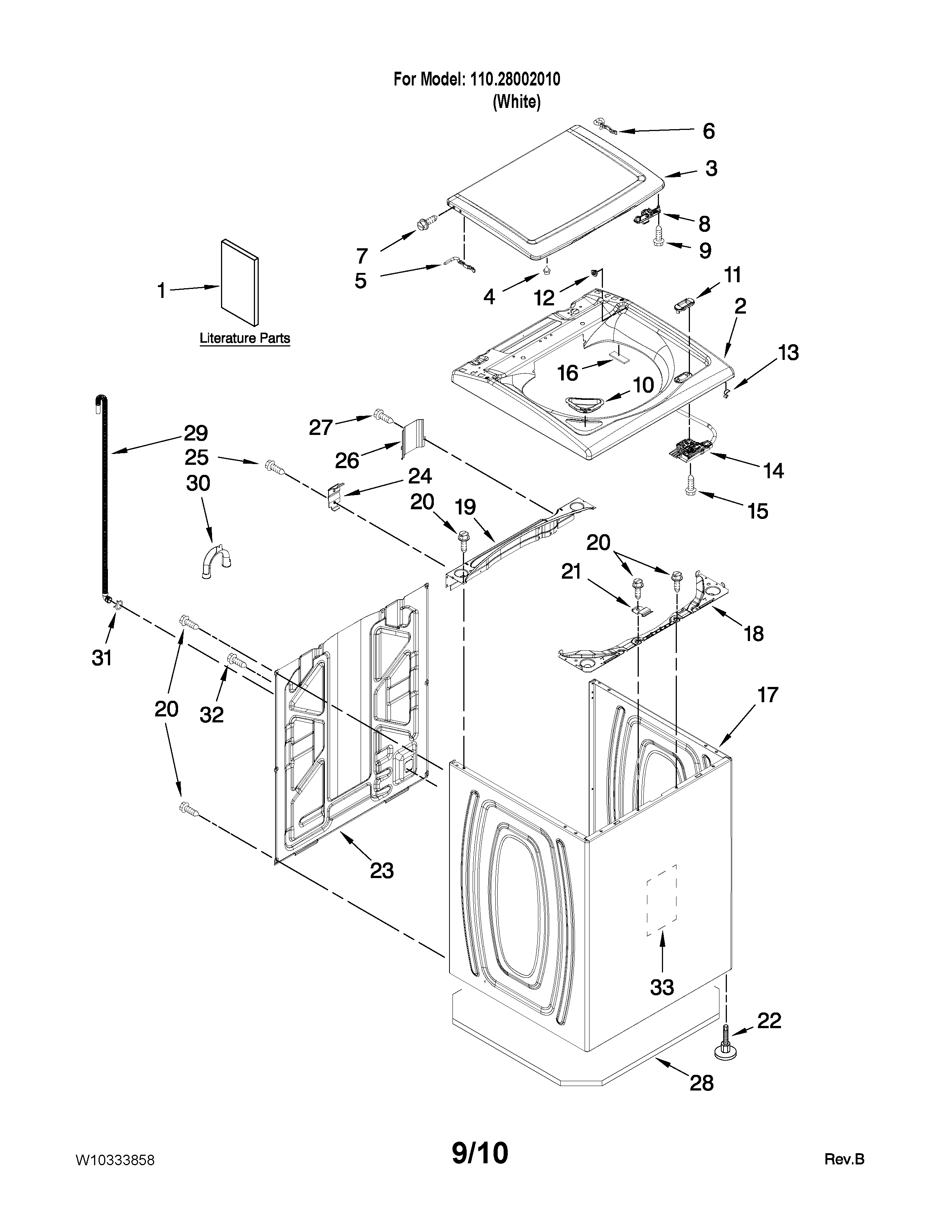 Kenmore 11028002010 top and cabinet parts diagram