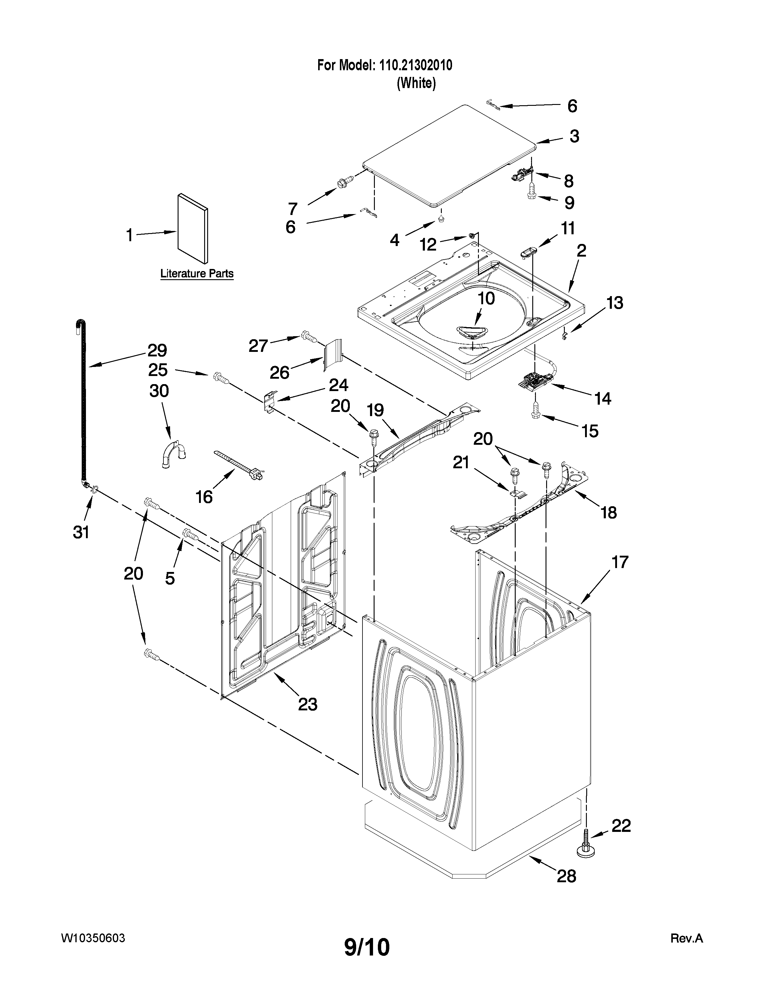 Kenmore 11021302010 top and cabinet parts diagram