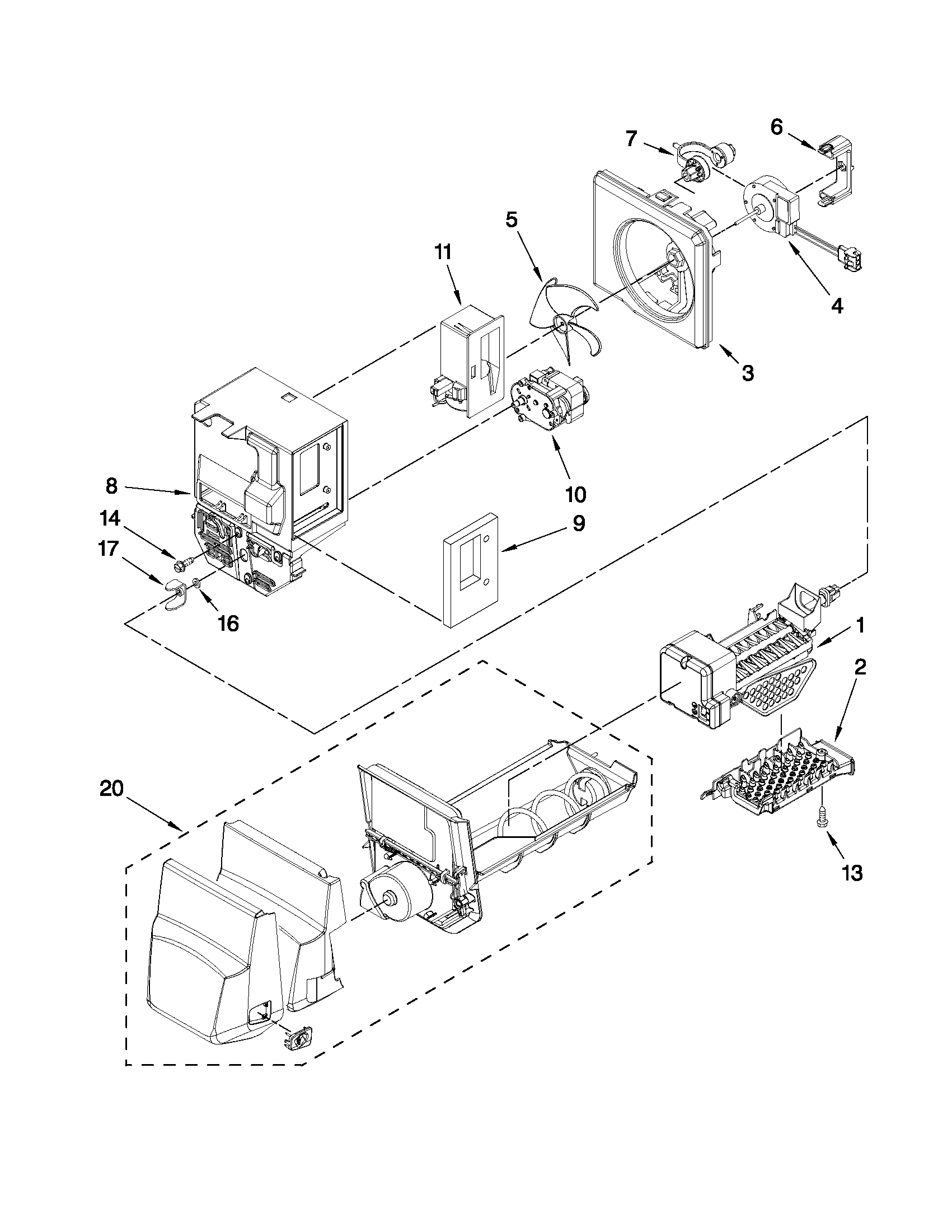 Kenmore 59679243010 motor and ice container parts diagram