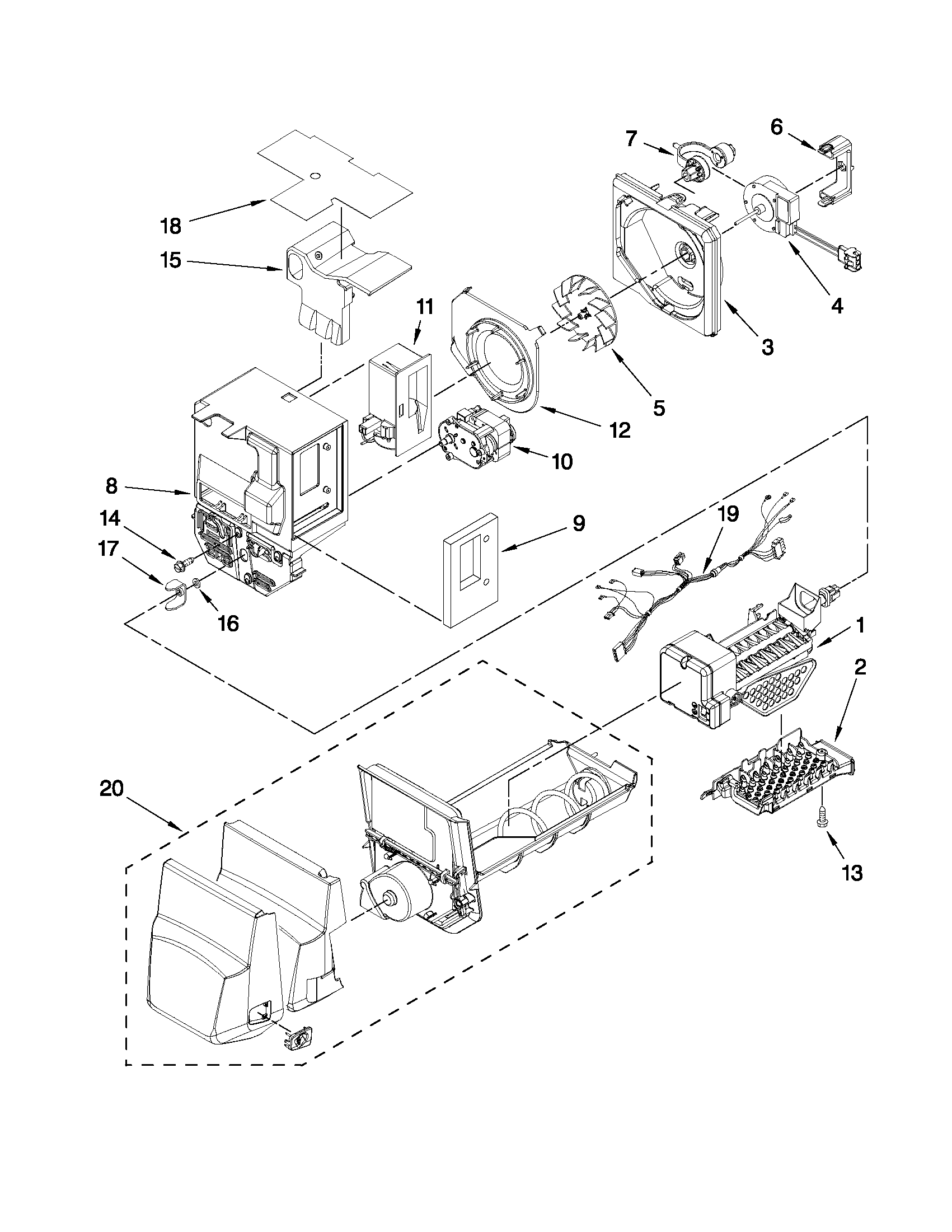 Kenmore 59679543011 motor and ice container parts diagram