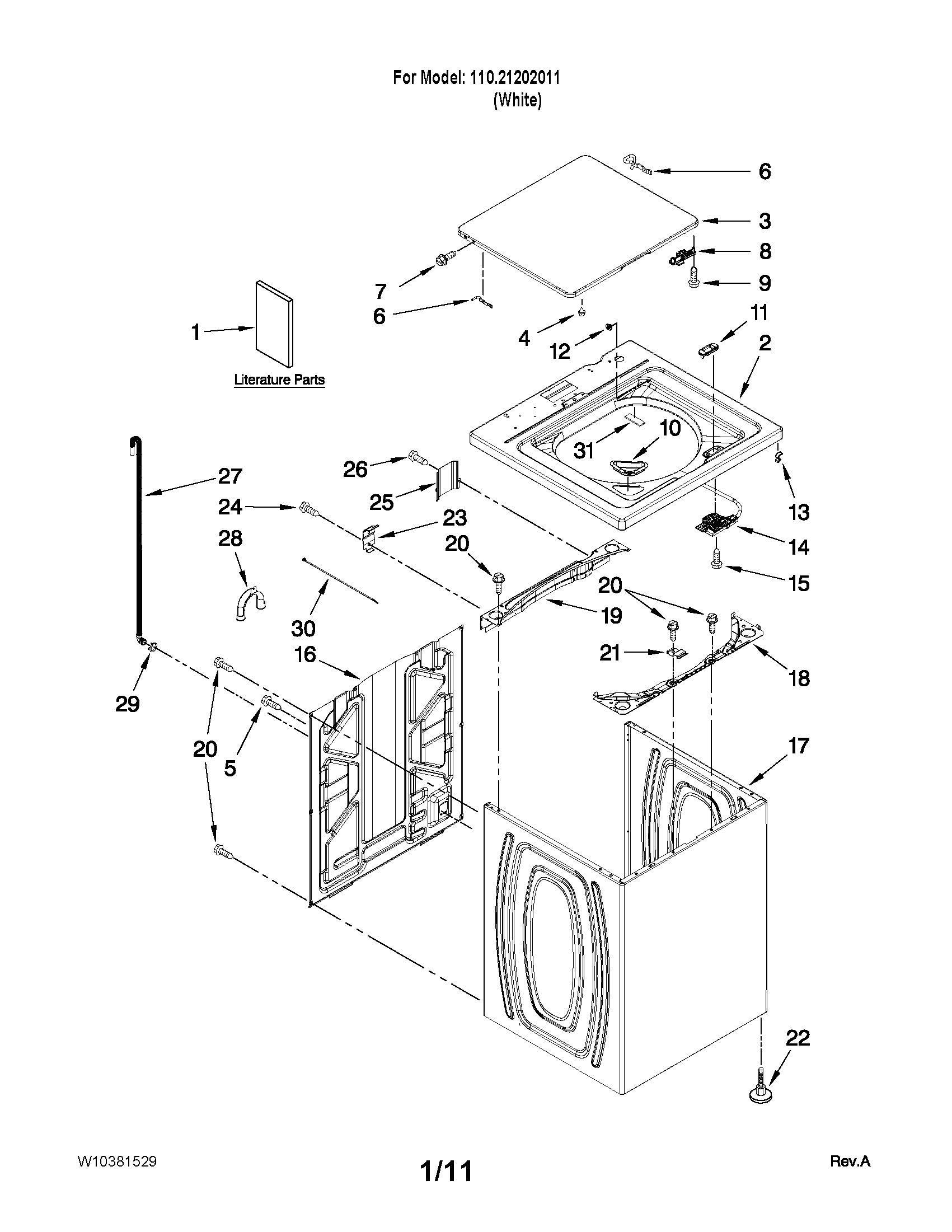 Kenmore 11021202011 top and cabinet parts diagram