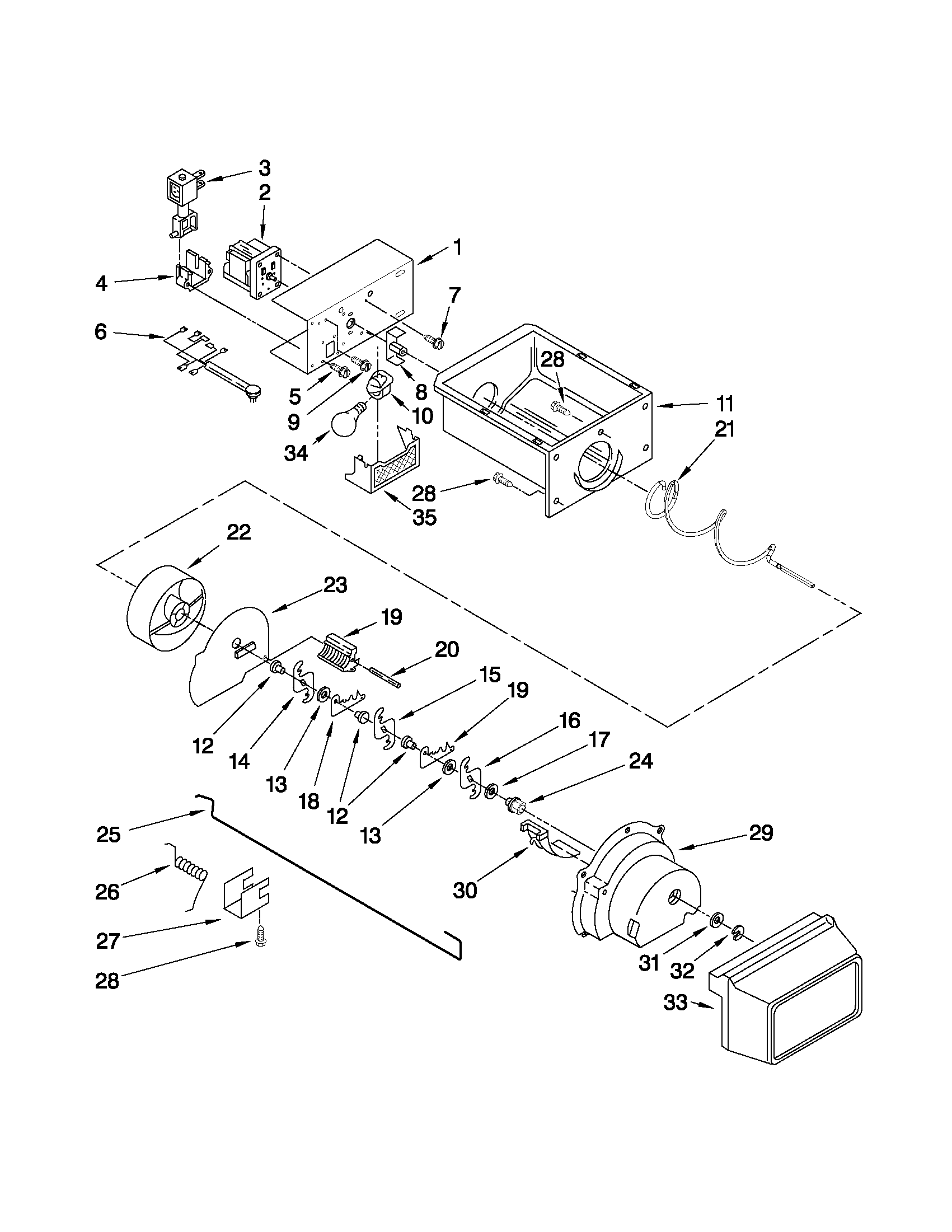 Kenmore 10650223010 motor and ice container parts diagram