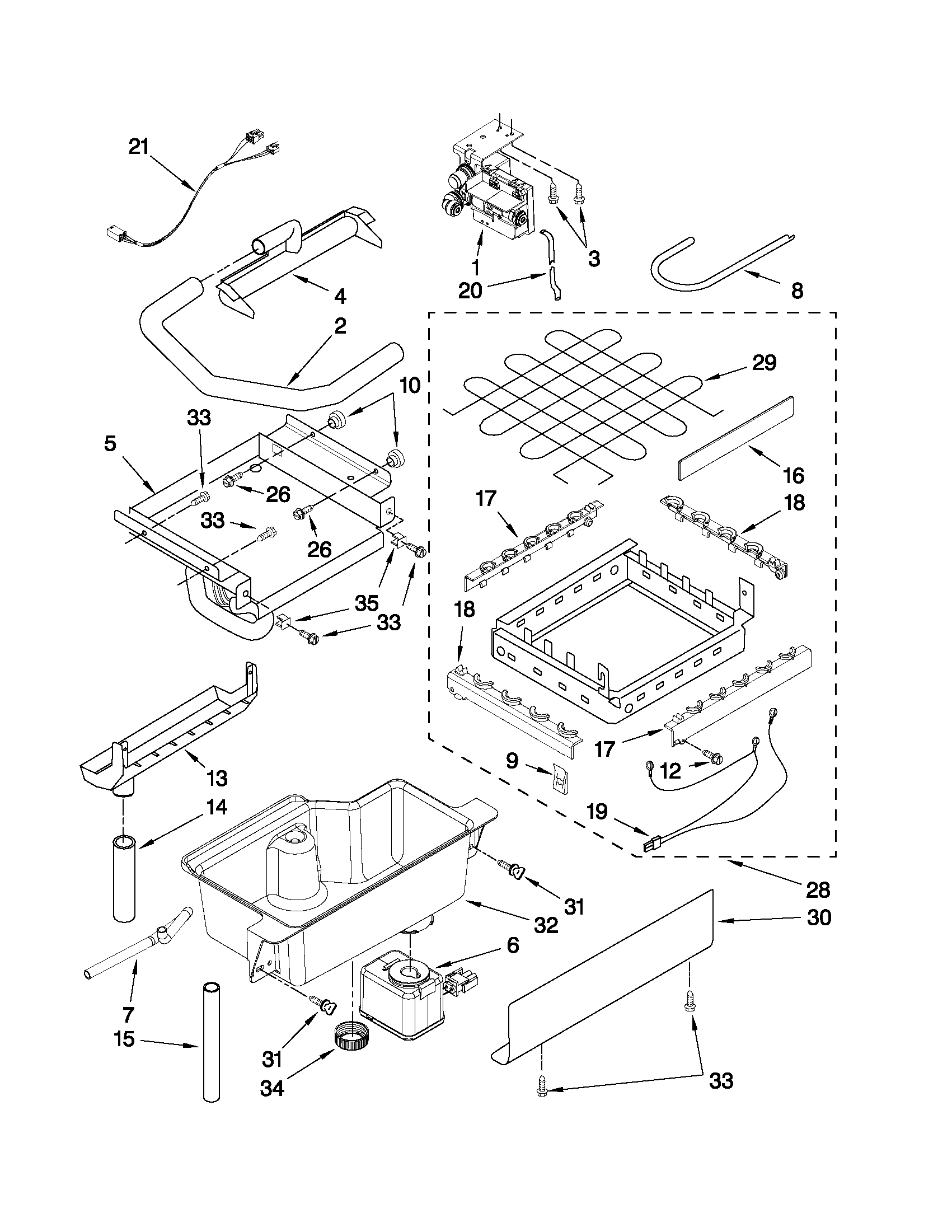 Kenmore 10689589705 evaporator, ice cutter grid and water parts diagram