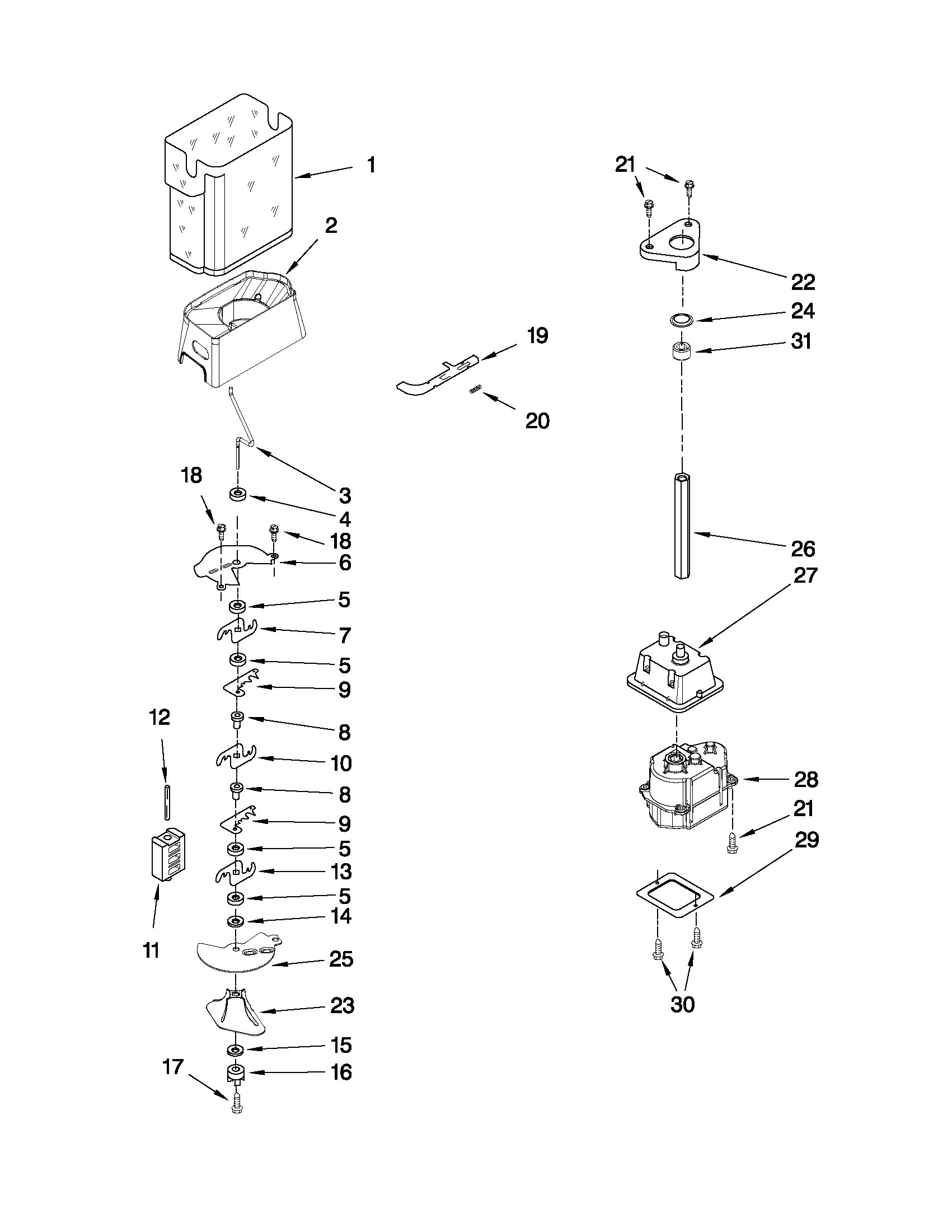 Kenmore 10650289010 motor and ice container parts diagram