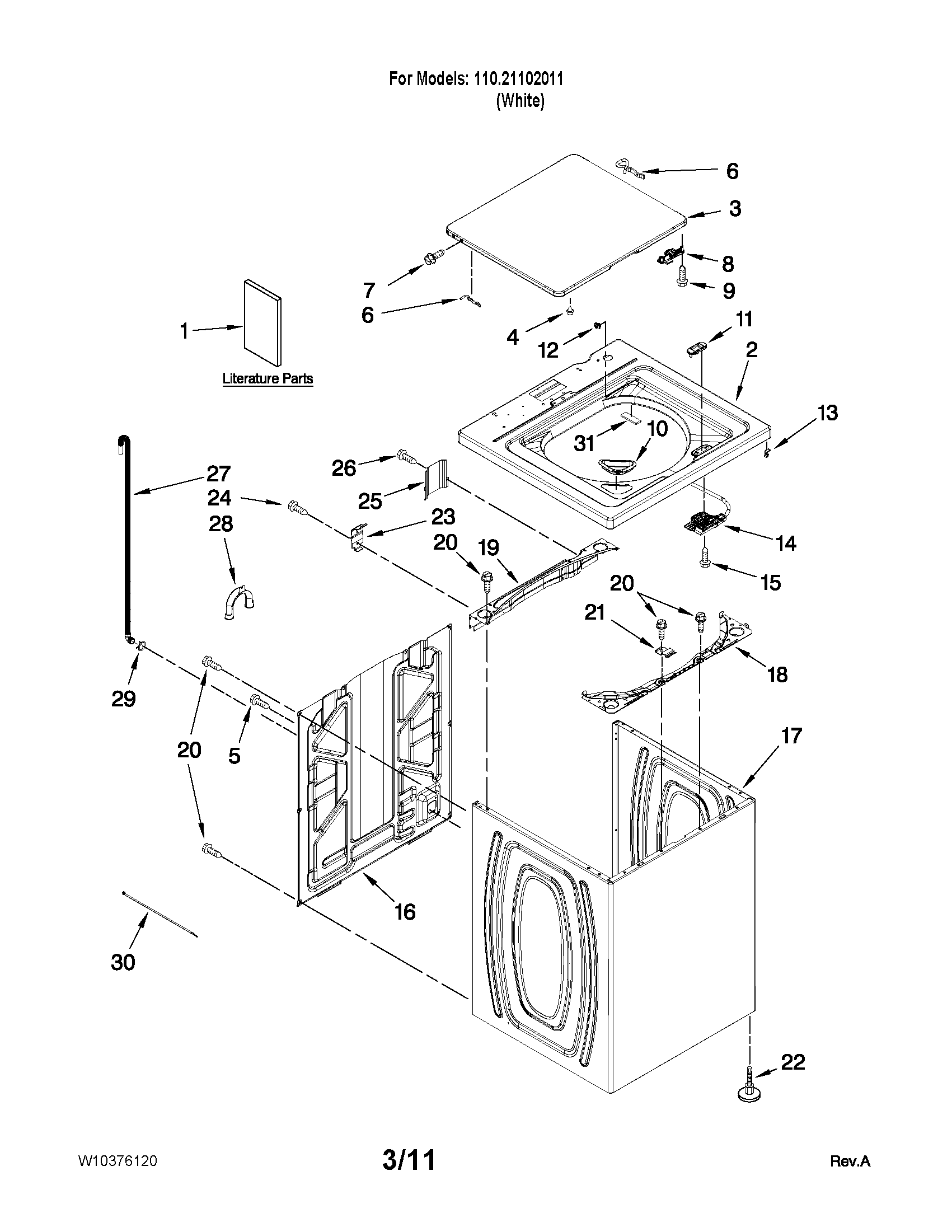 Kenmore 11021102011 top and cabinet parts diagram