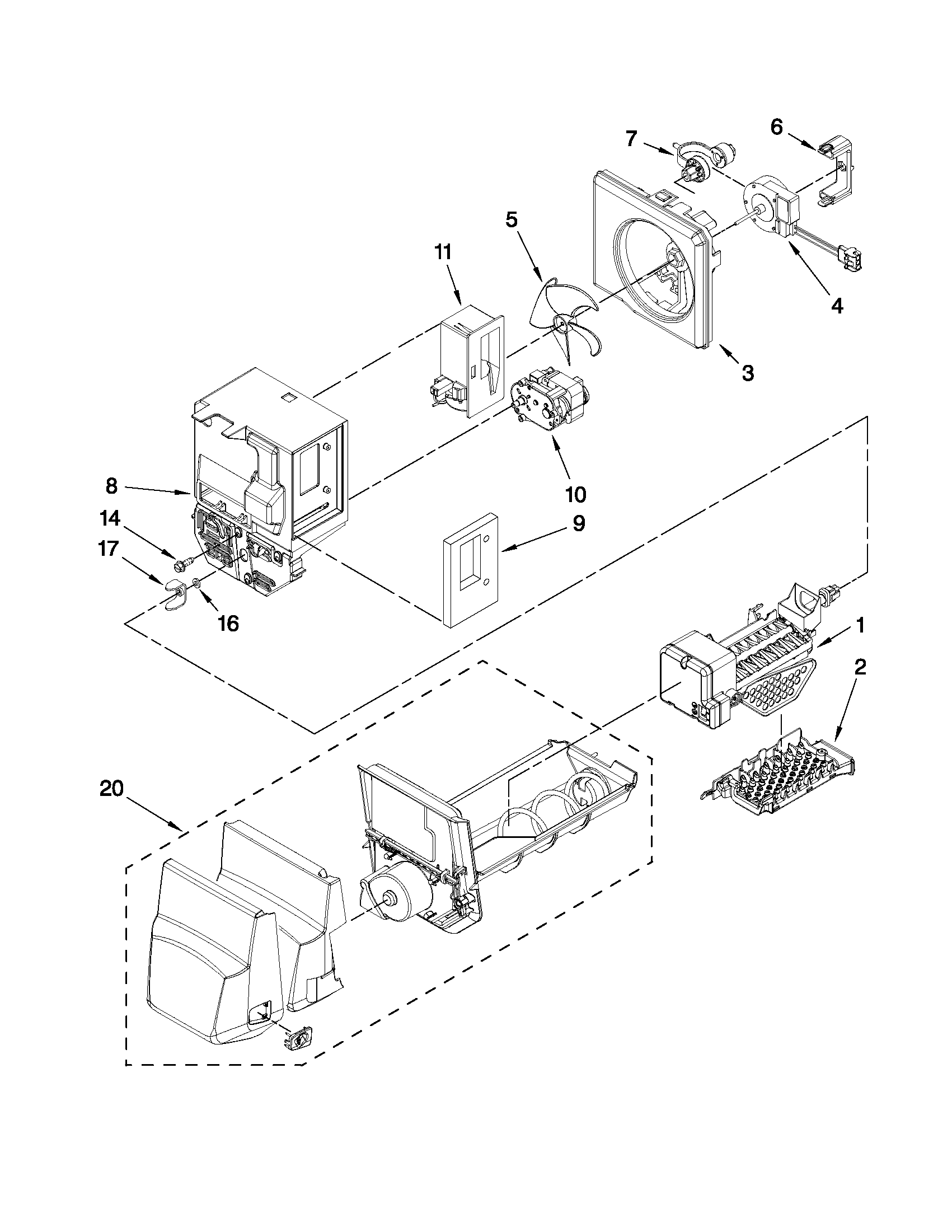 Kenmore 59678333803 motor and ice container parts diagram