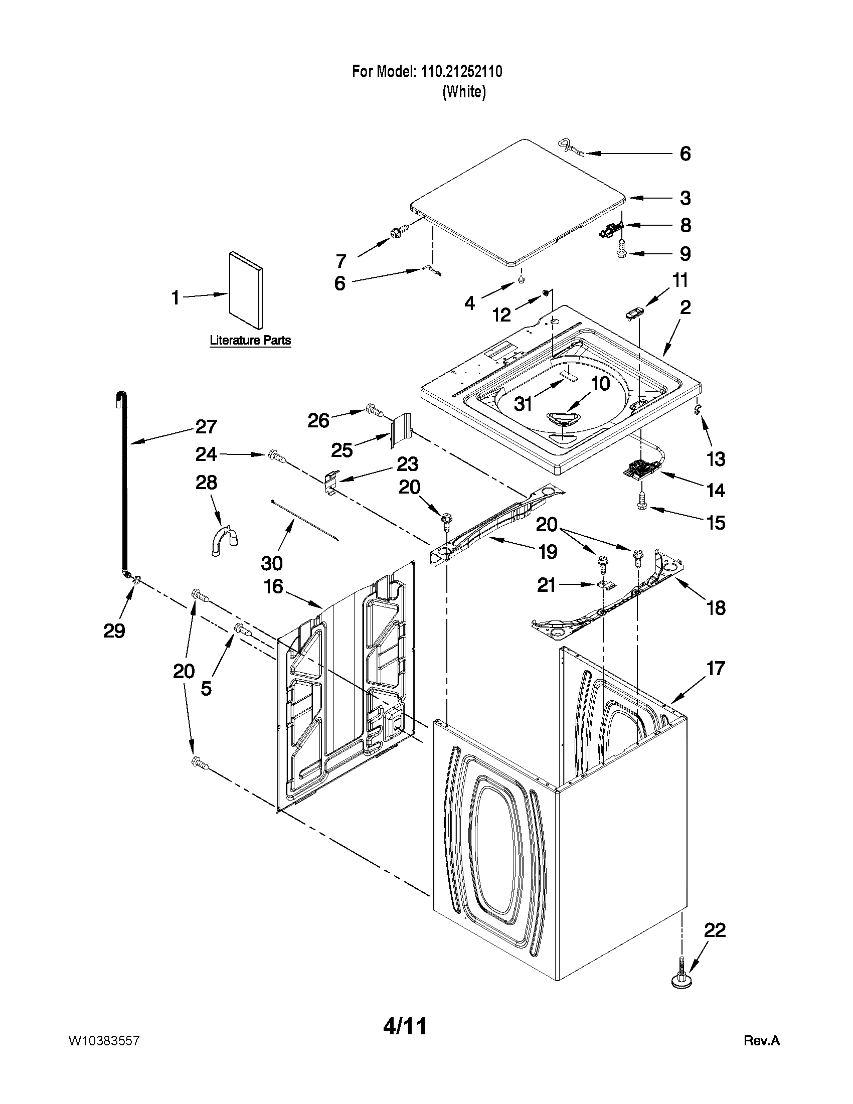 Kenmore 11021252110 top and cabinet parts diagram