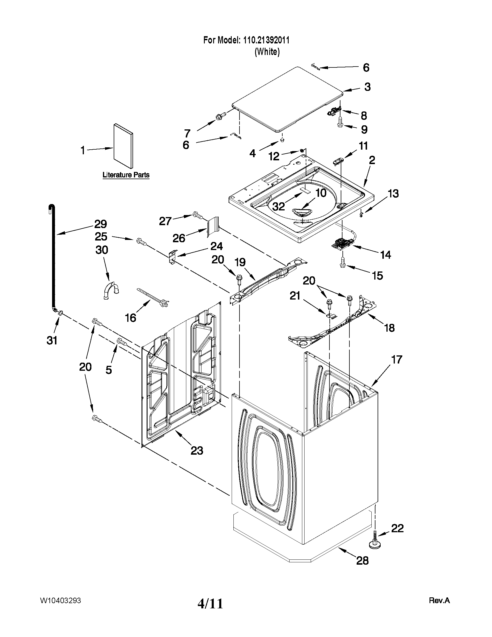 Kenmore 11021392011 top and cabinet parts diagram