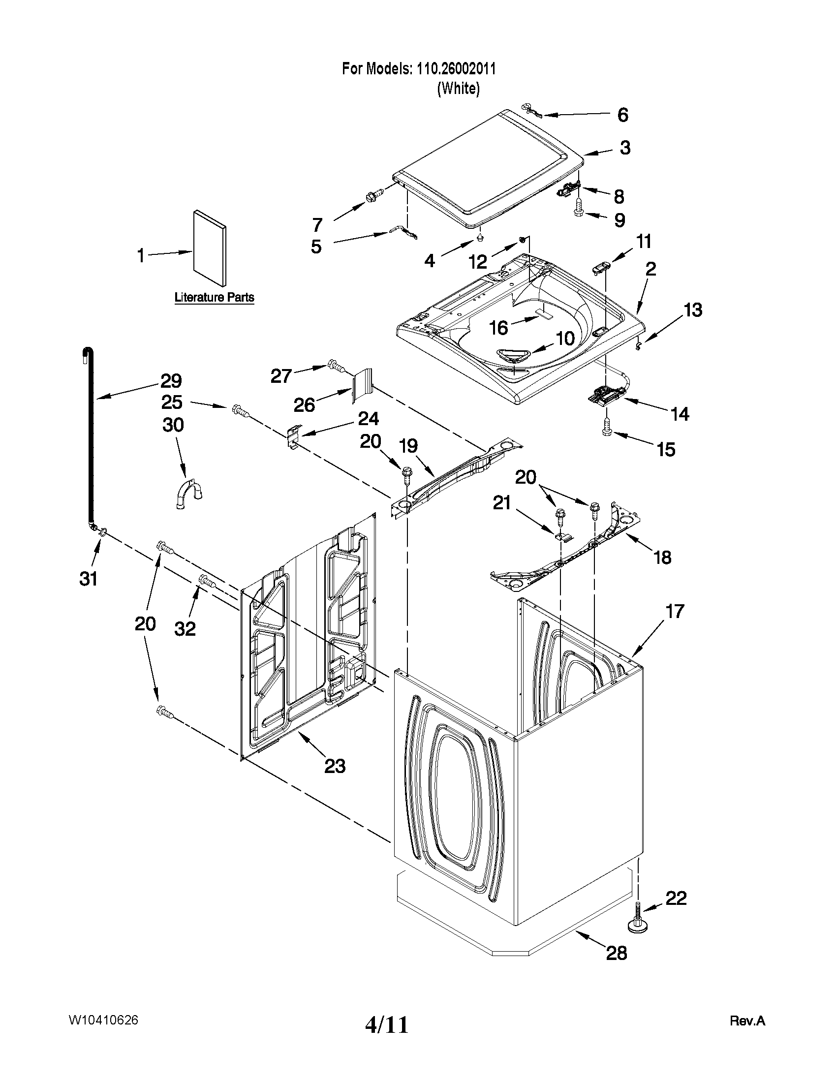 Kenmore 11026002011 top and cabinet parts diagram
