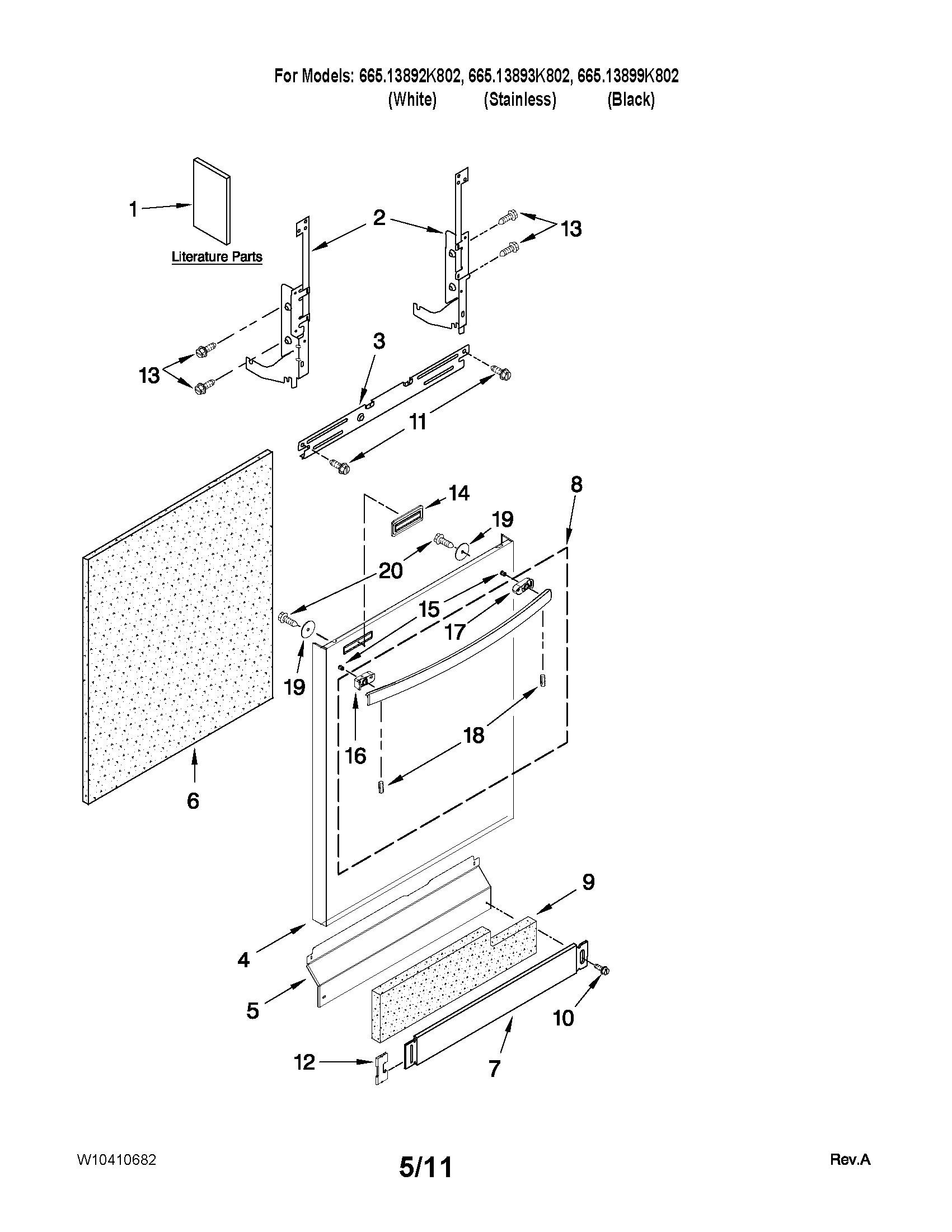 Kenmore 66513899K802 door and panel parts diagram