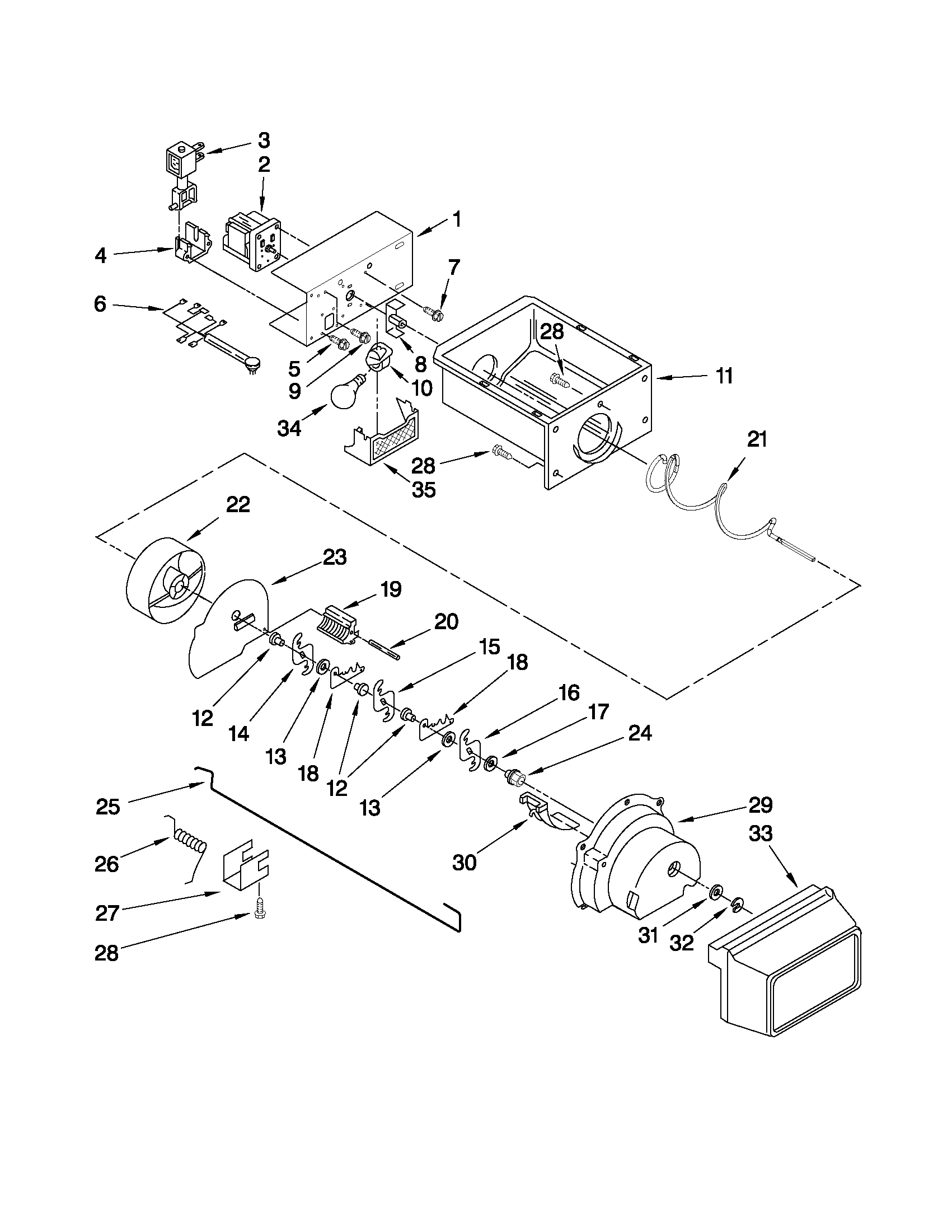 Kenmore 10657163702 motor and ice container parts diagram