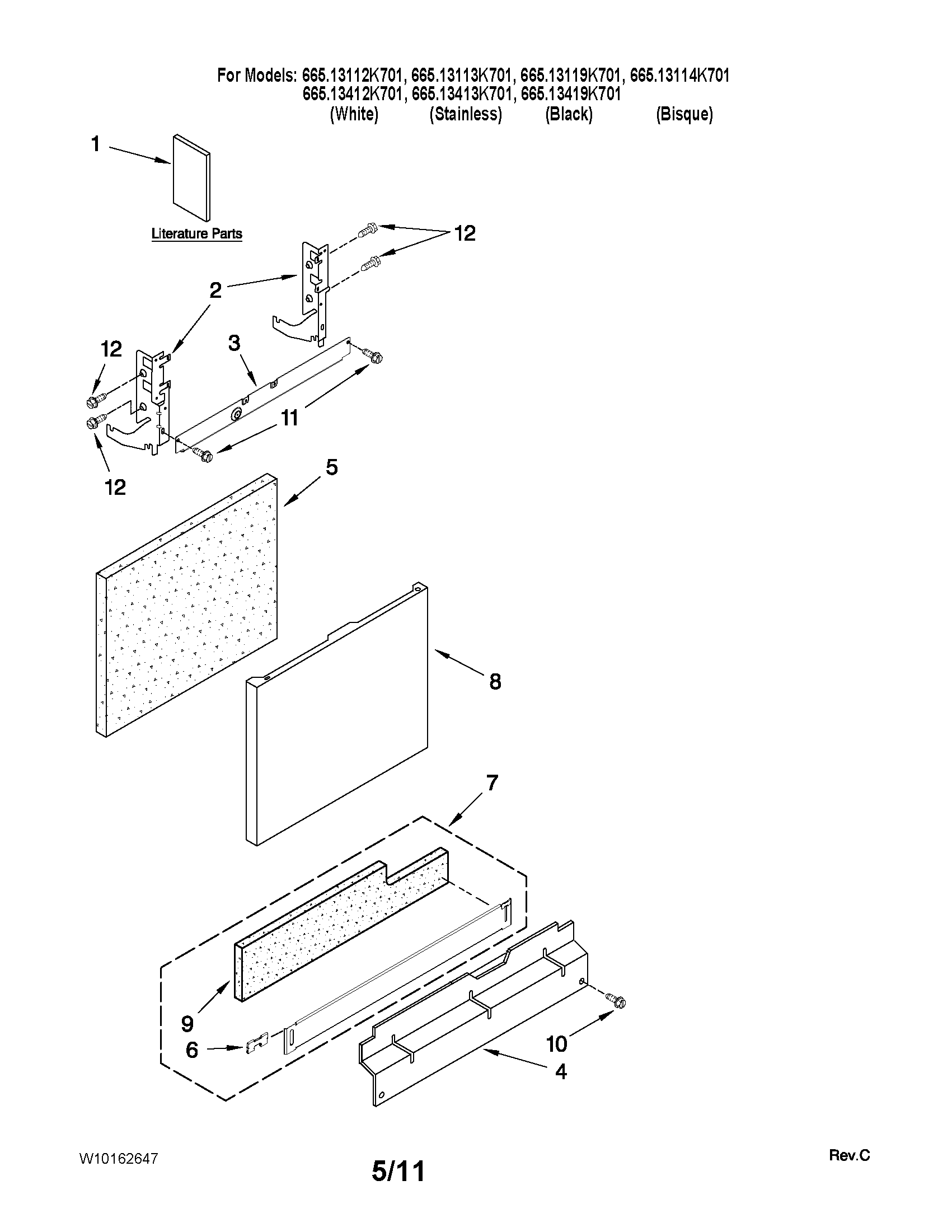 Kenmore Elite 66513112K701 door and panel parts diagram