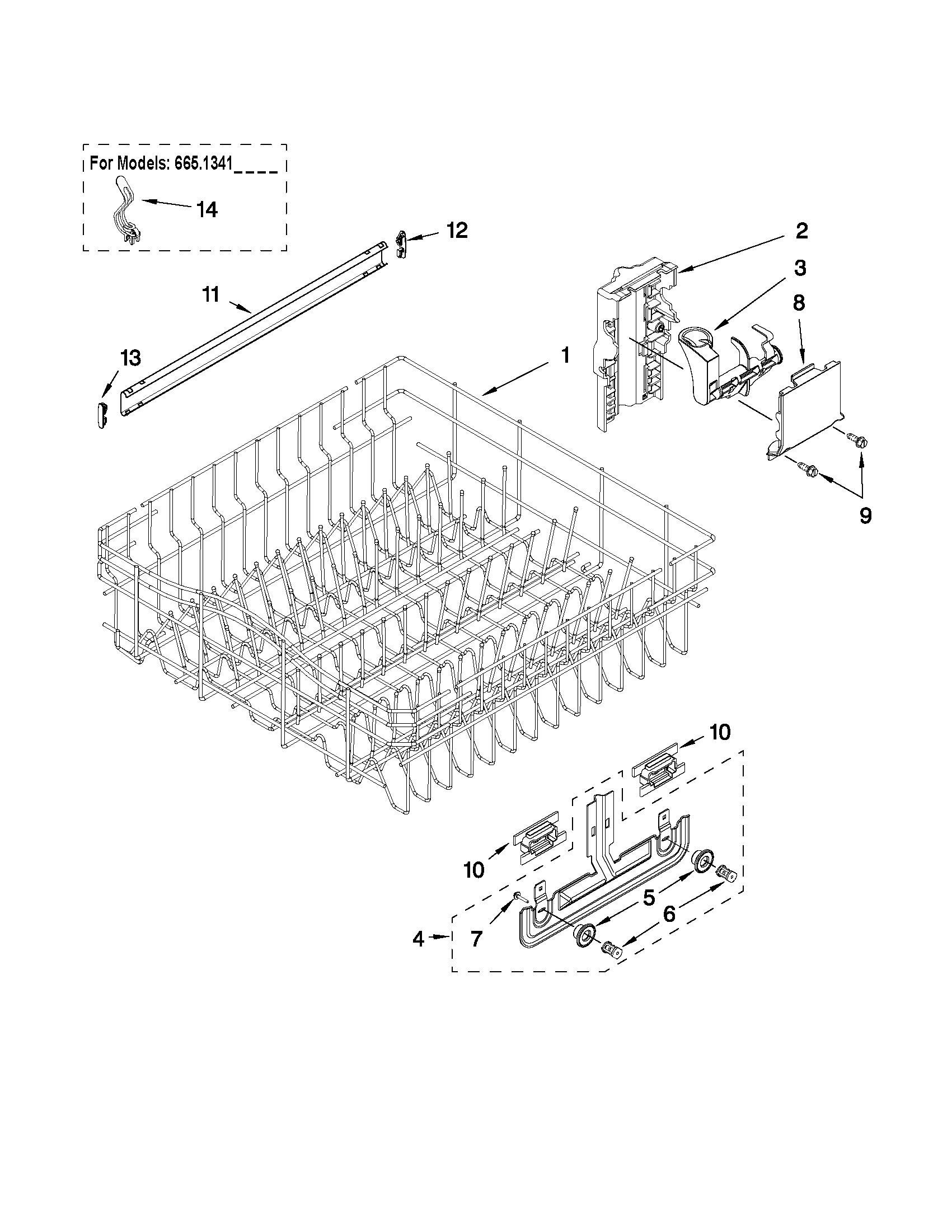 Kenmore Elite 66513112K701 upper rack and track parts diagram
