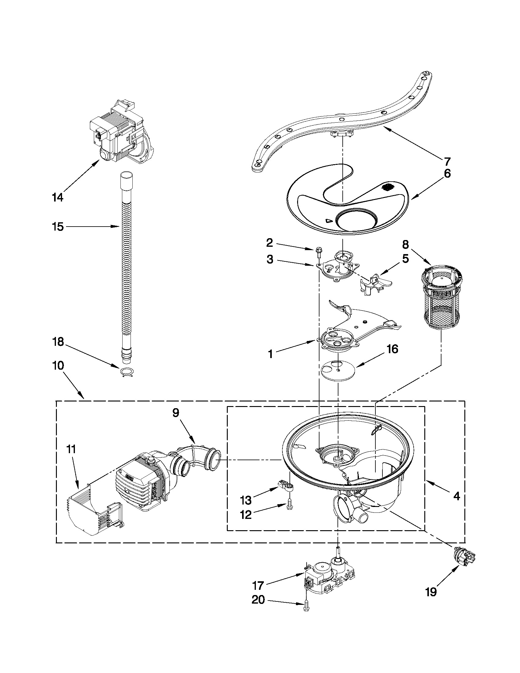 Kenmore Elite 66577969K704 pump, washarm and motor parts diagram