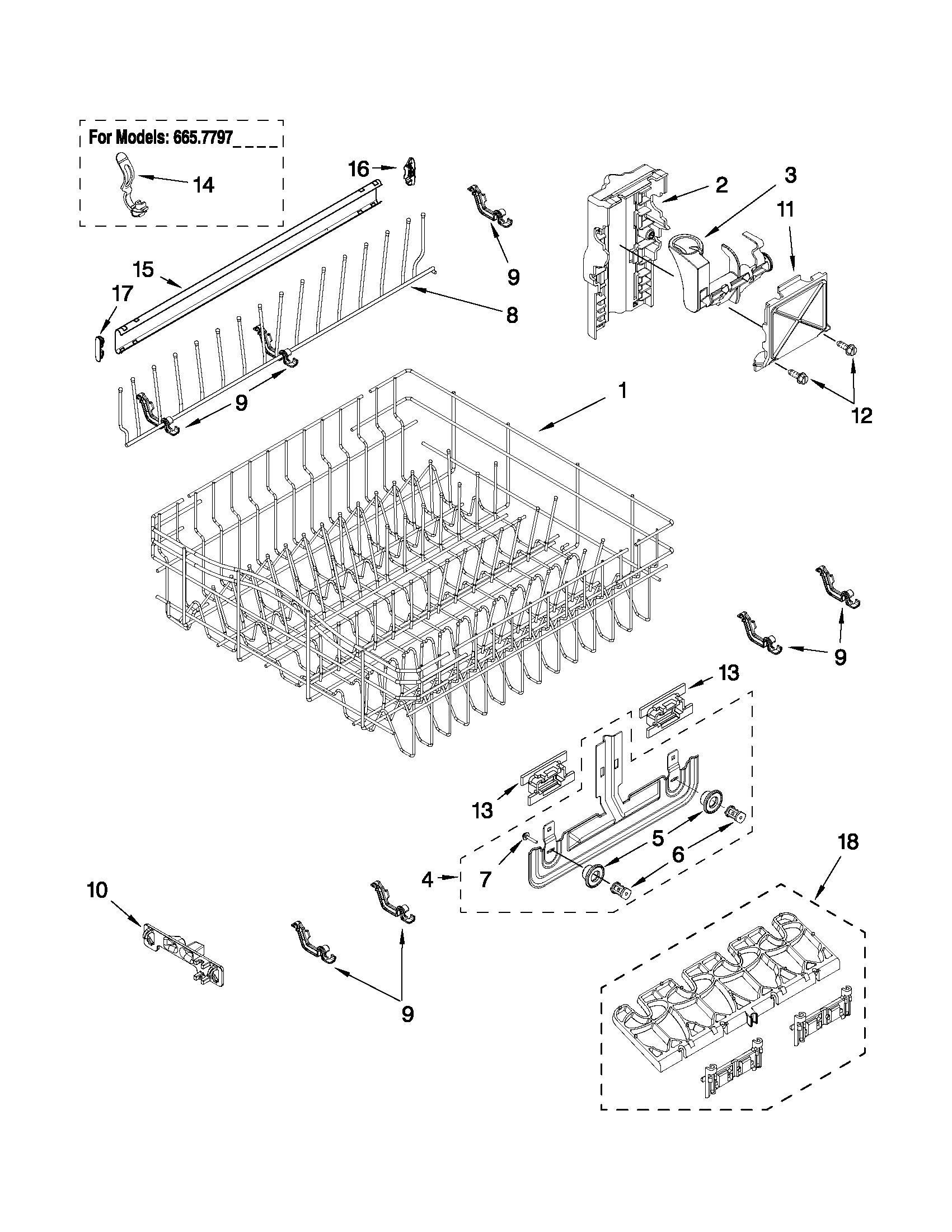 Kenmore Elite 66577969K704 upper rack and track parts diagram