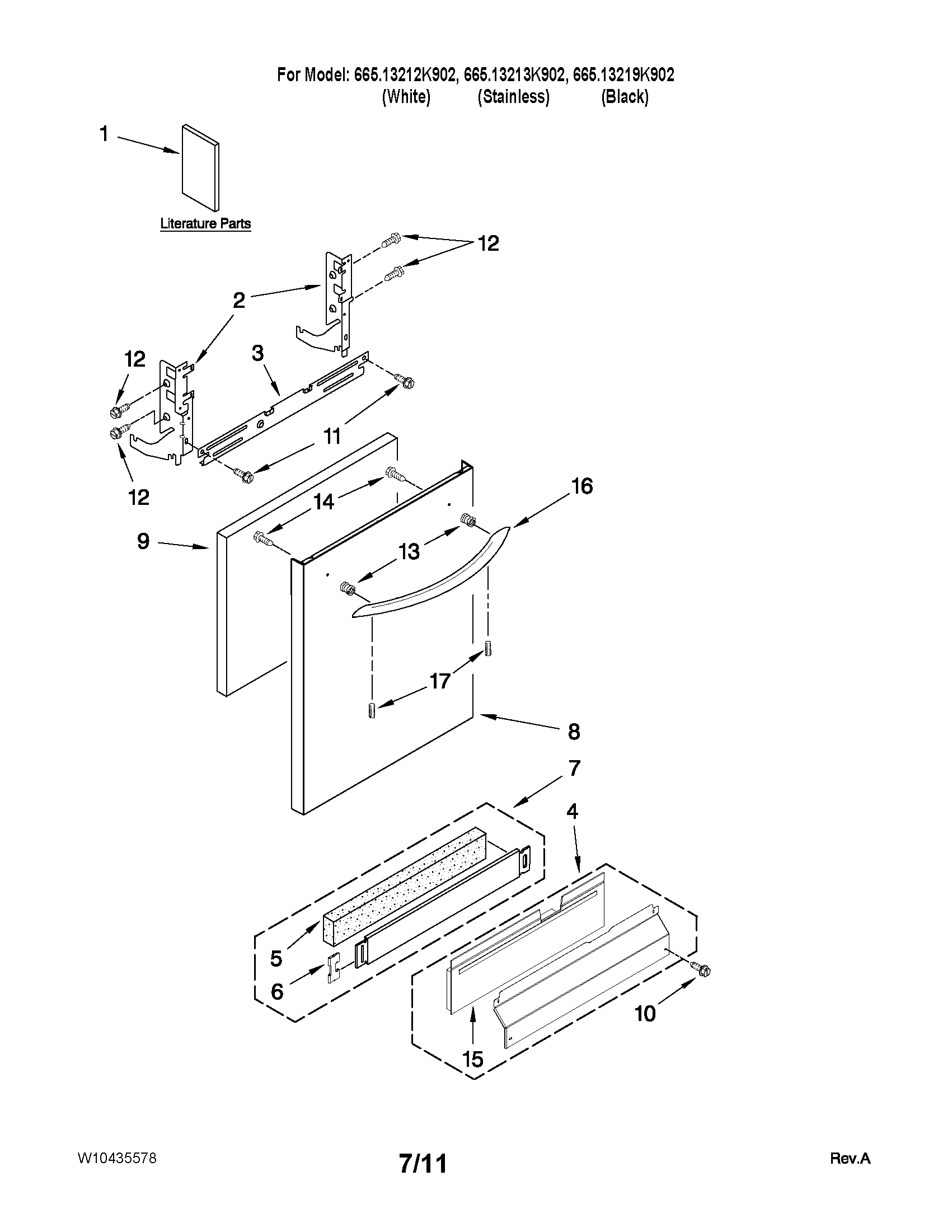 Kenmore 66513213K902 door and panel parts diagram