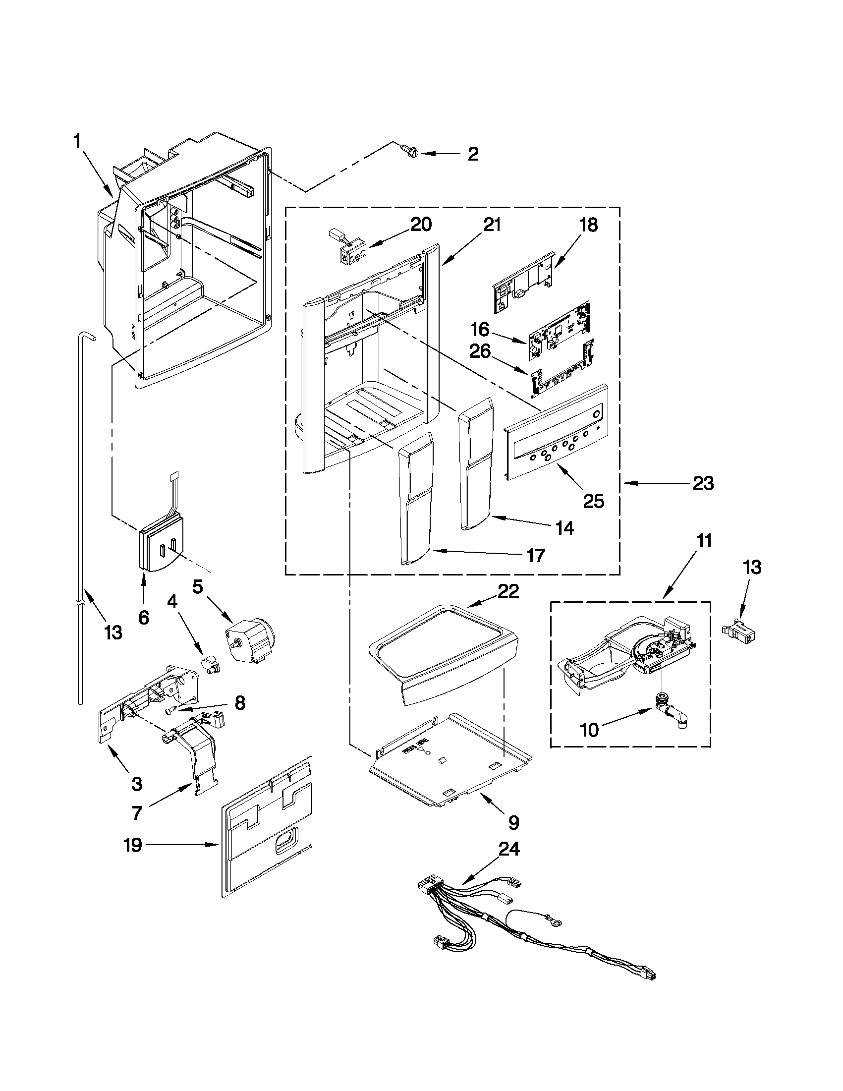 Kenmore Elite 10654782804 dispenser front parts diagram