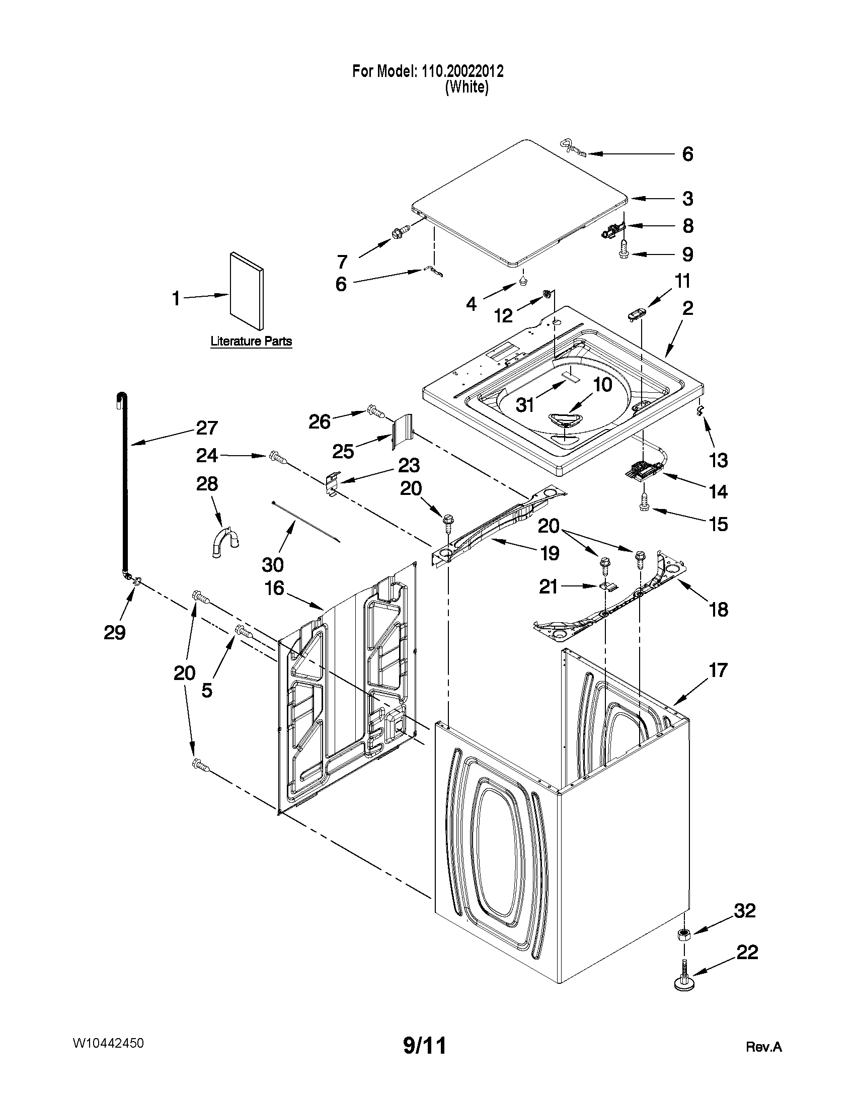 Kenmore 11020022012 top and cabinet parts diagram