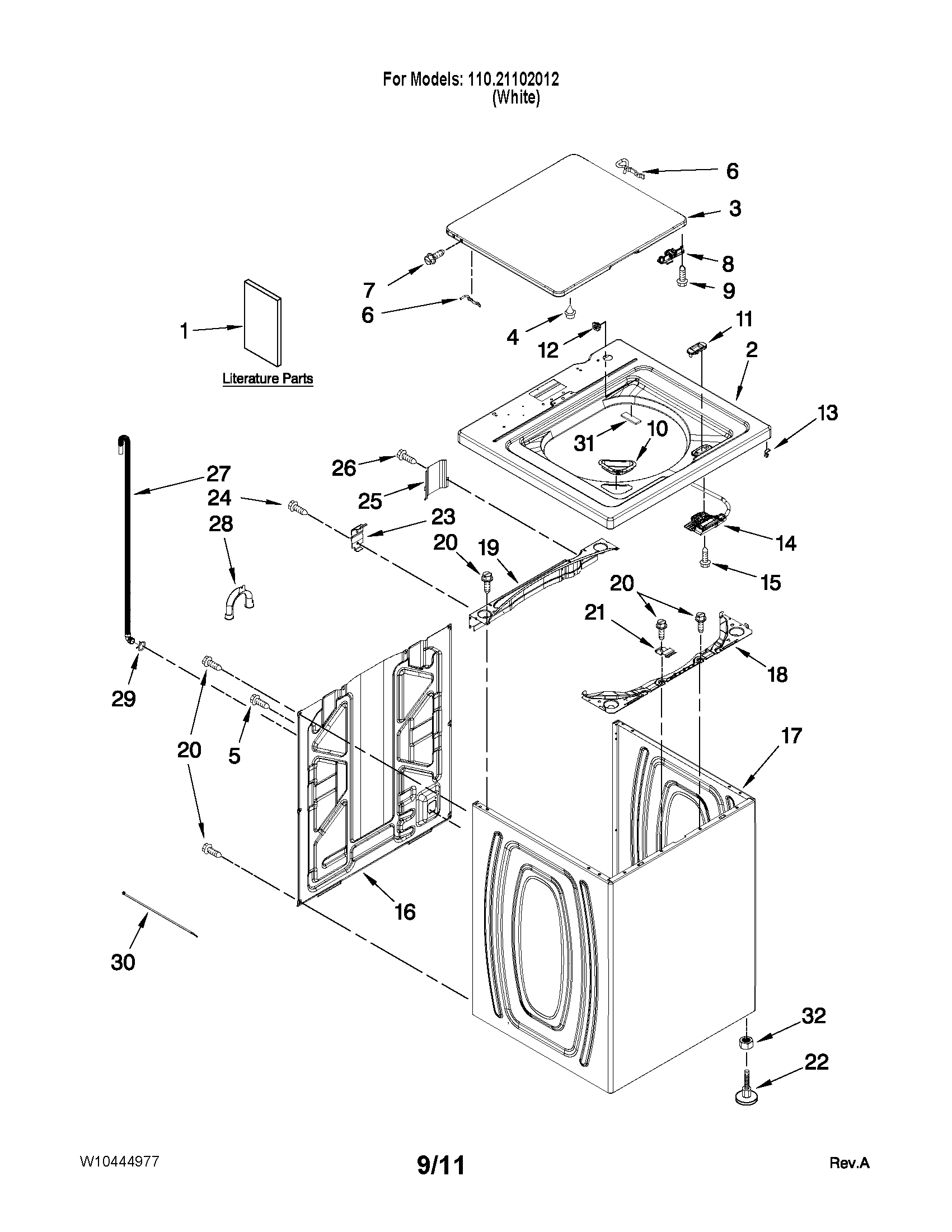 Kenmore 11021102012 top and cabinet parts diagram