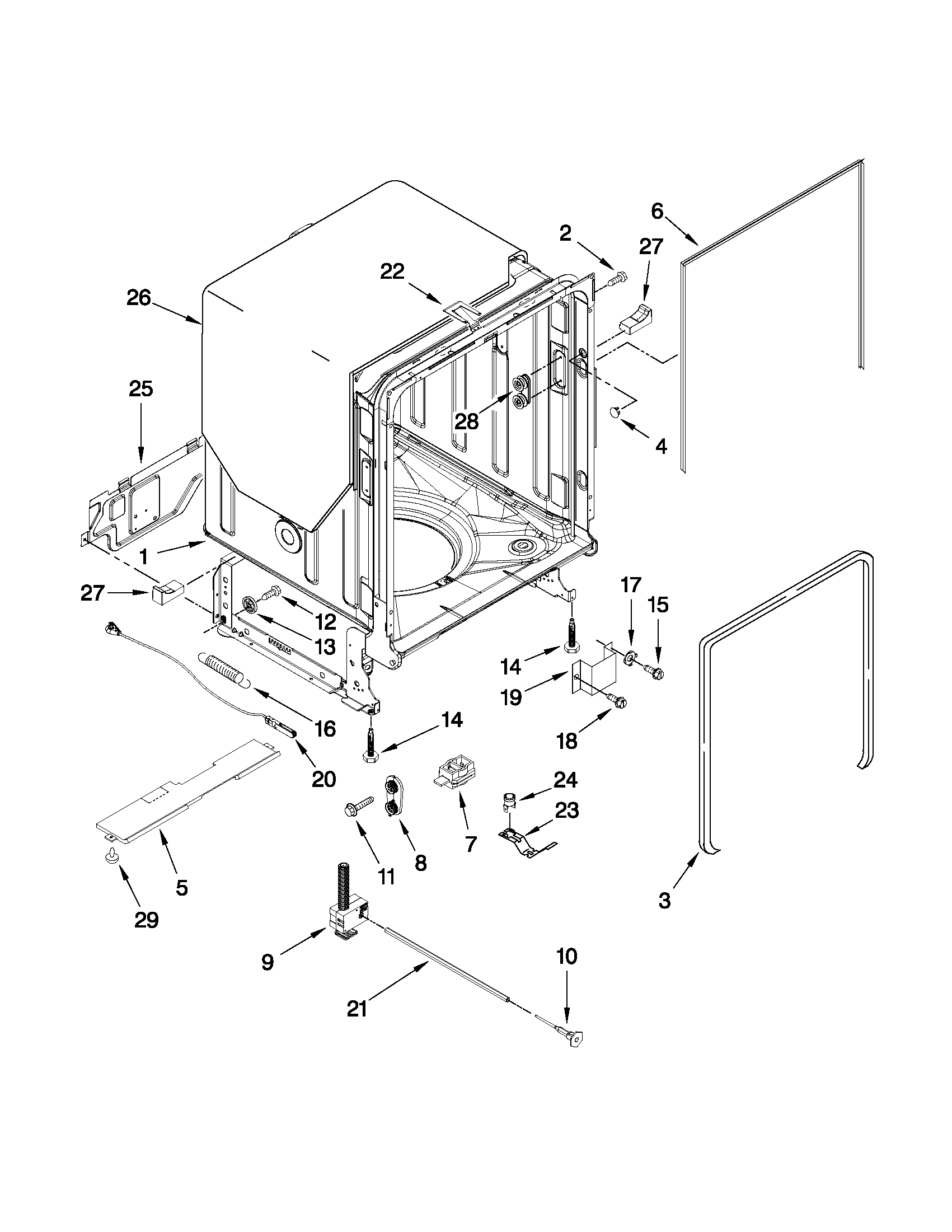 Kenmore Elite 66513929K014 tub and frame parts diagram