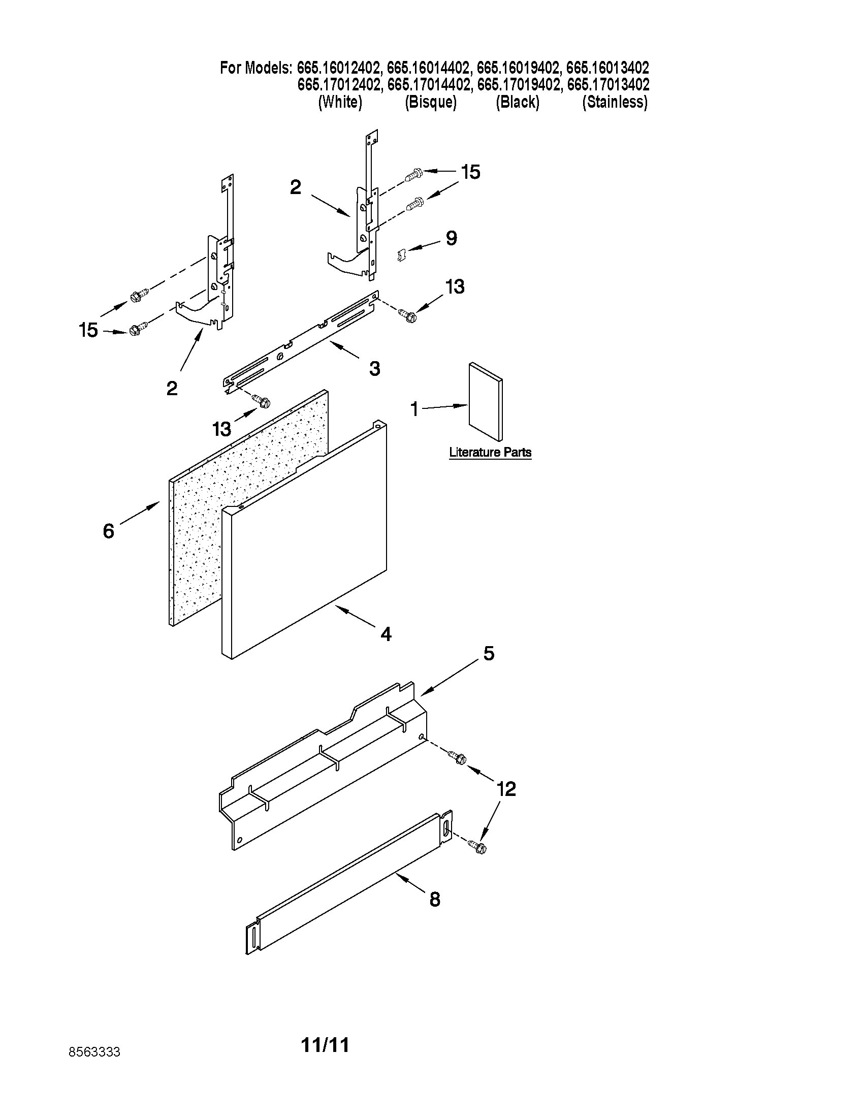 Kenmore 66517012402 door and panel parts diagram