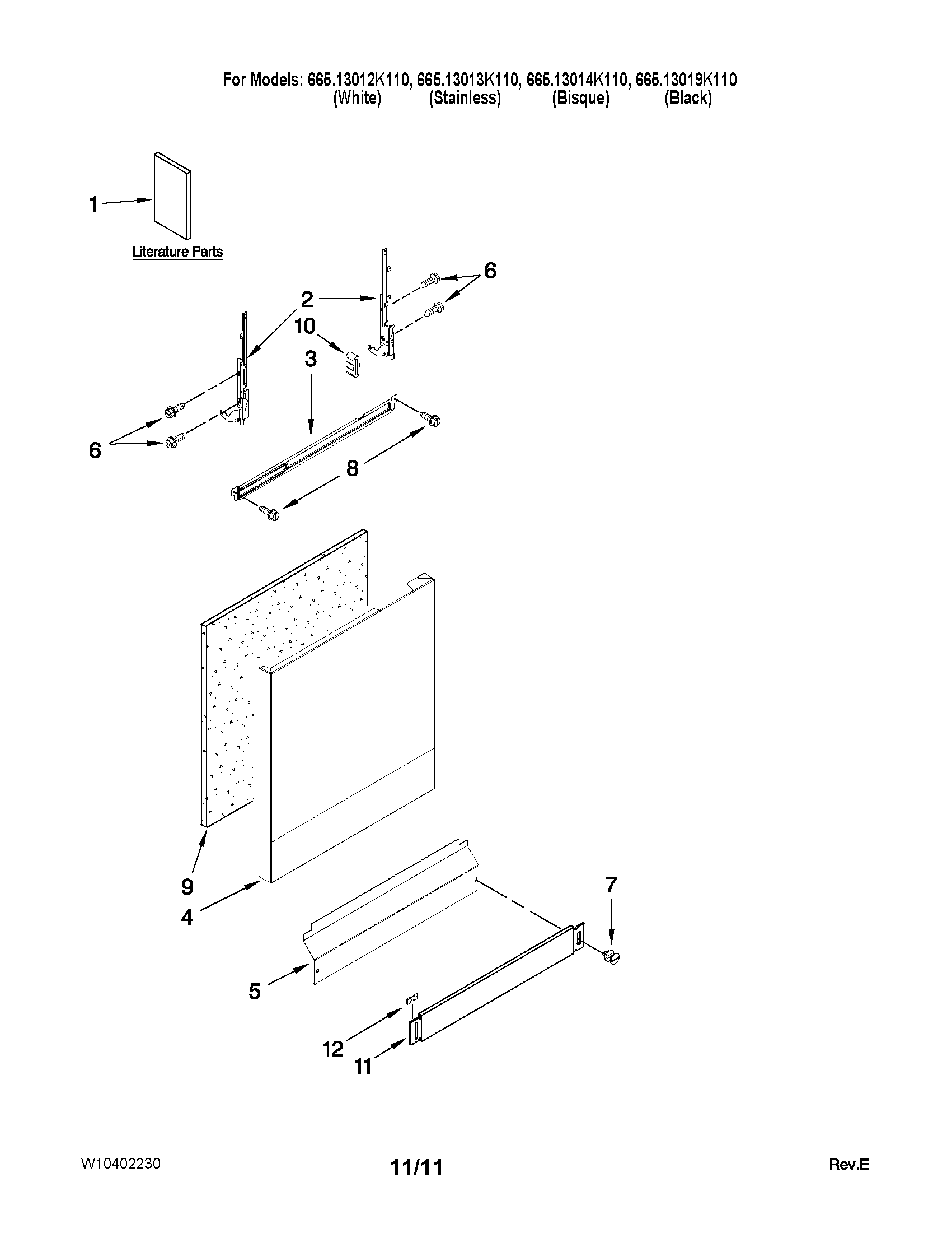 Kenmore 66513012K110 door and panel parts diagram