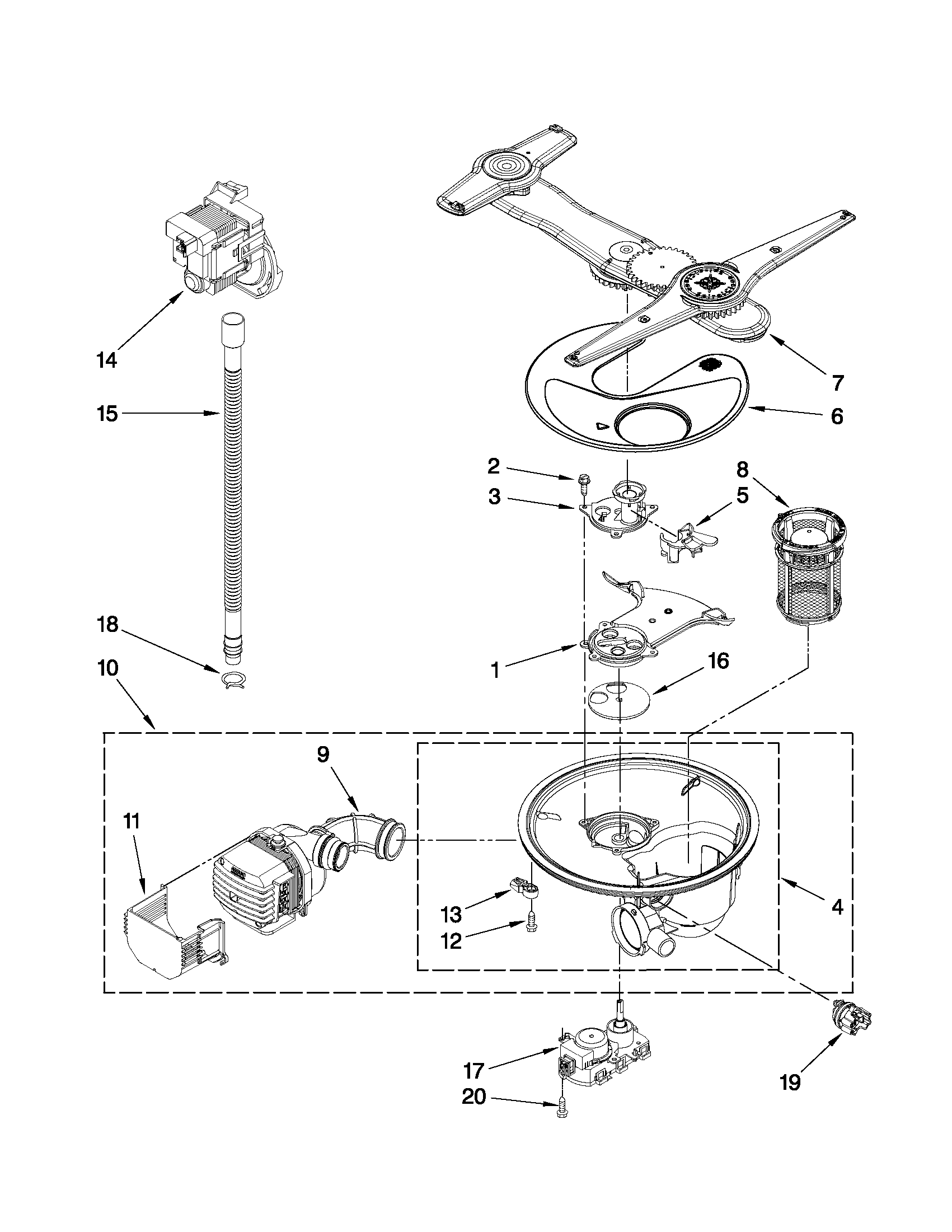 Kenmore Elite 66513932K014 pump, washarm and motor parts diagram