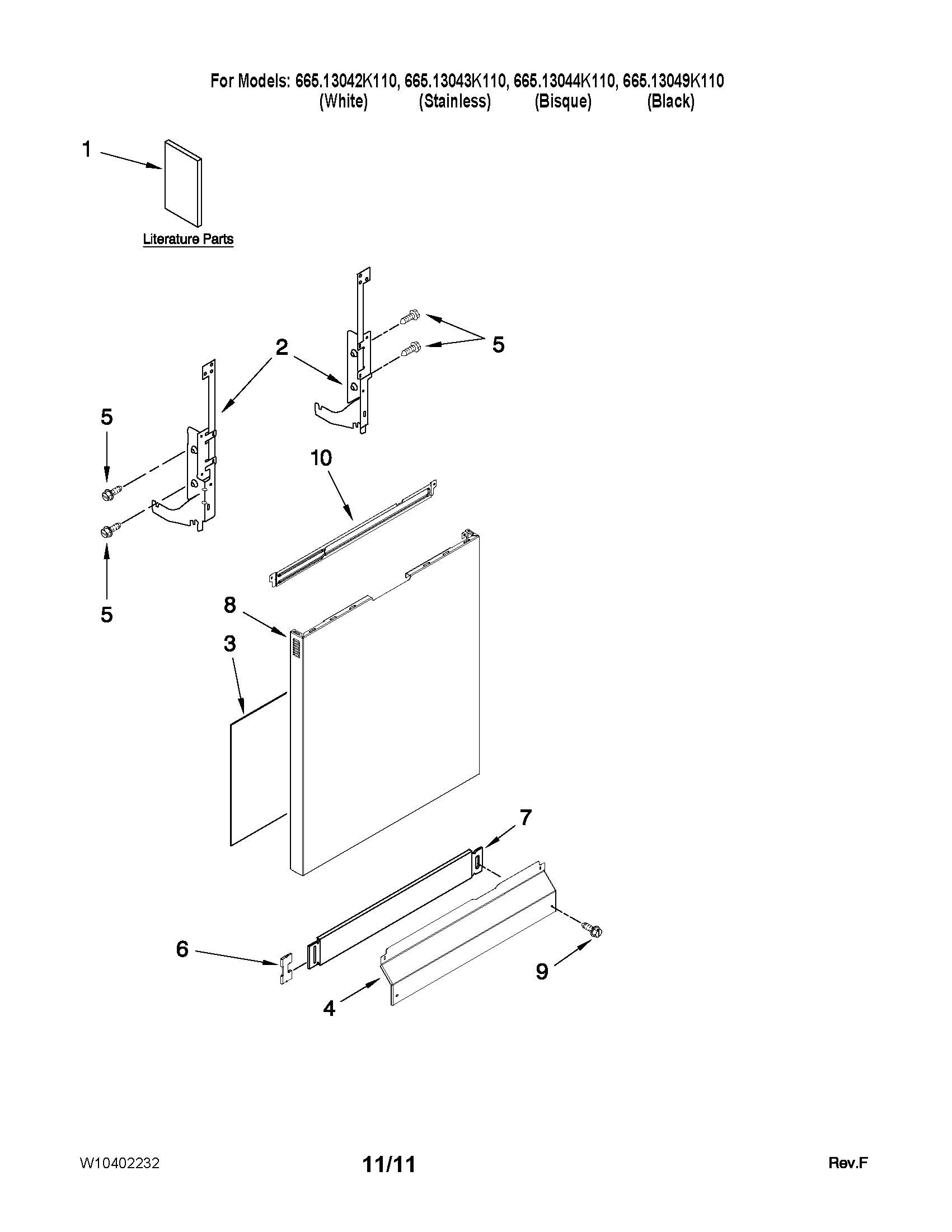 Kenmore 66513044K110 door and panel parts diagram