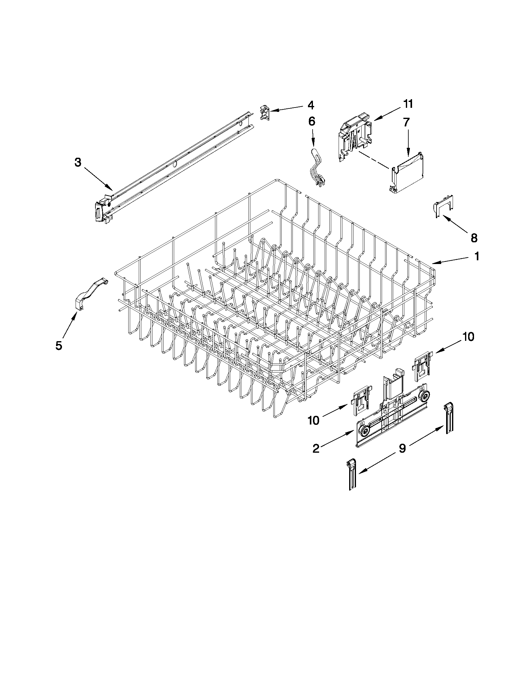 Kenmore 66513044K110 upper rack and track parts diagram