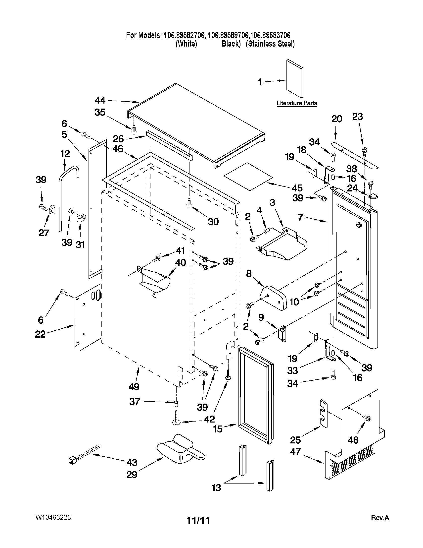 Kenmore 10689589706 cabinet liner and door parts diagram