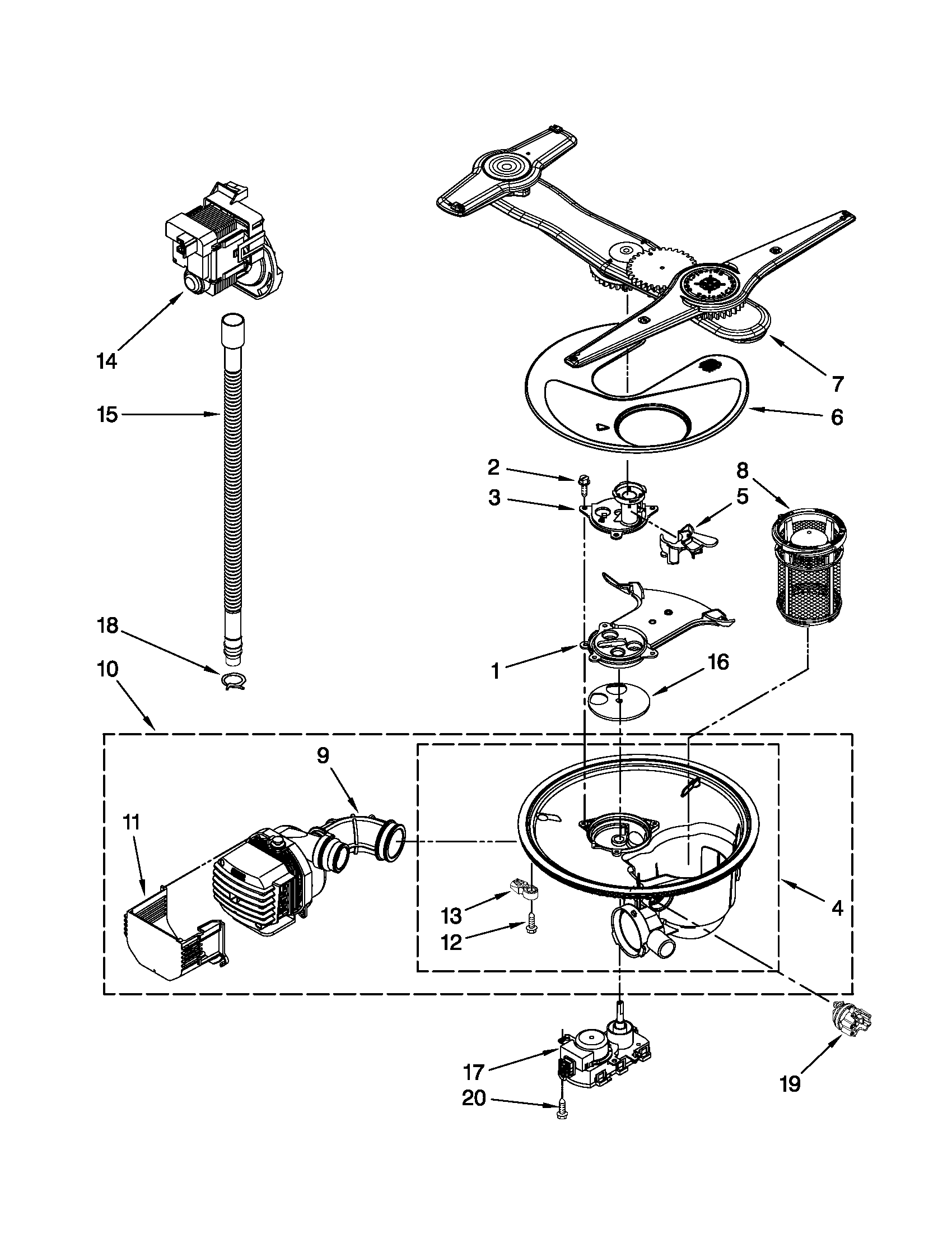 Kenmore Elite 66513942K015 pump, washarm and motor parts diagram