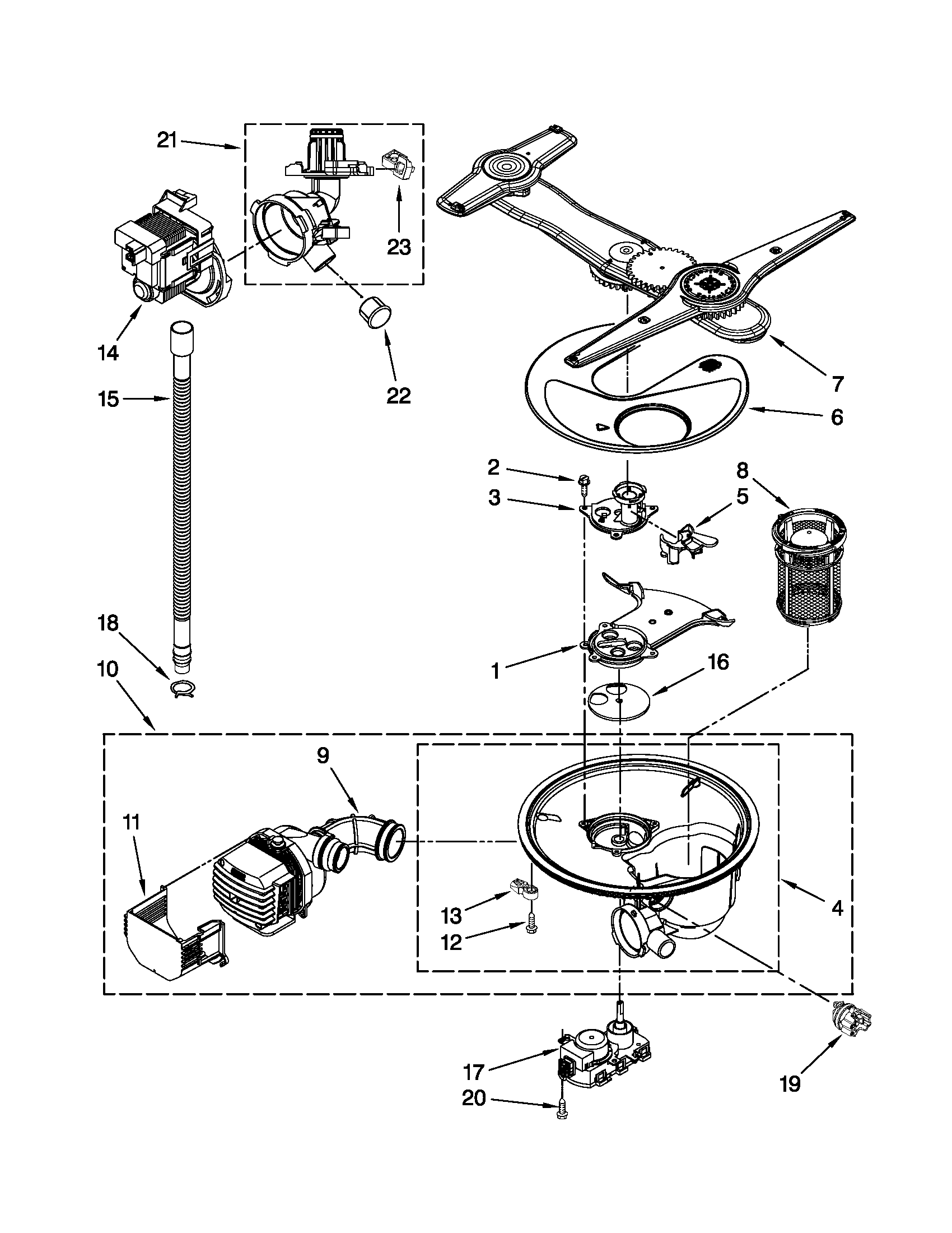Kenmore Elite 66513963K015 pump, washarm and motor parts diagram