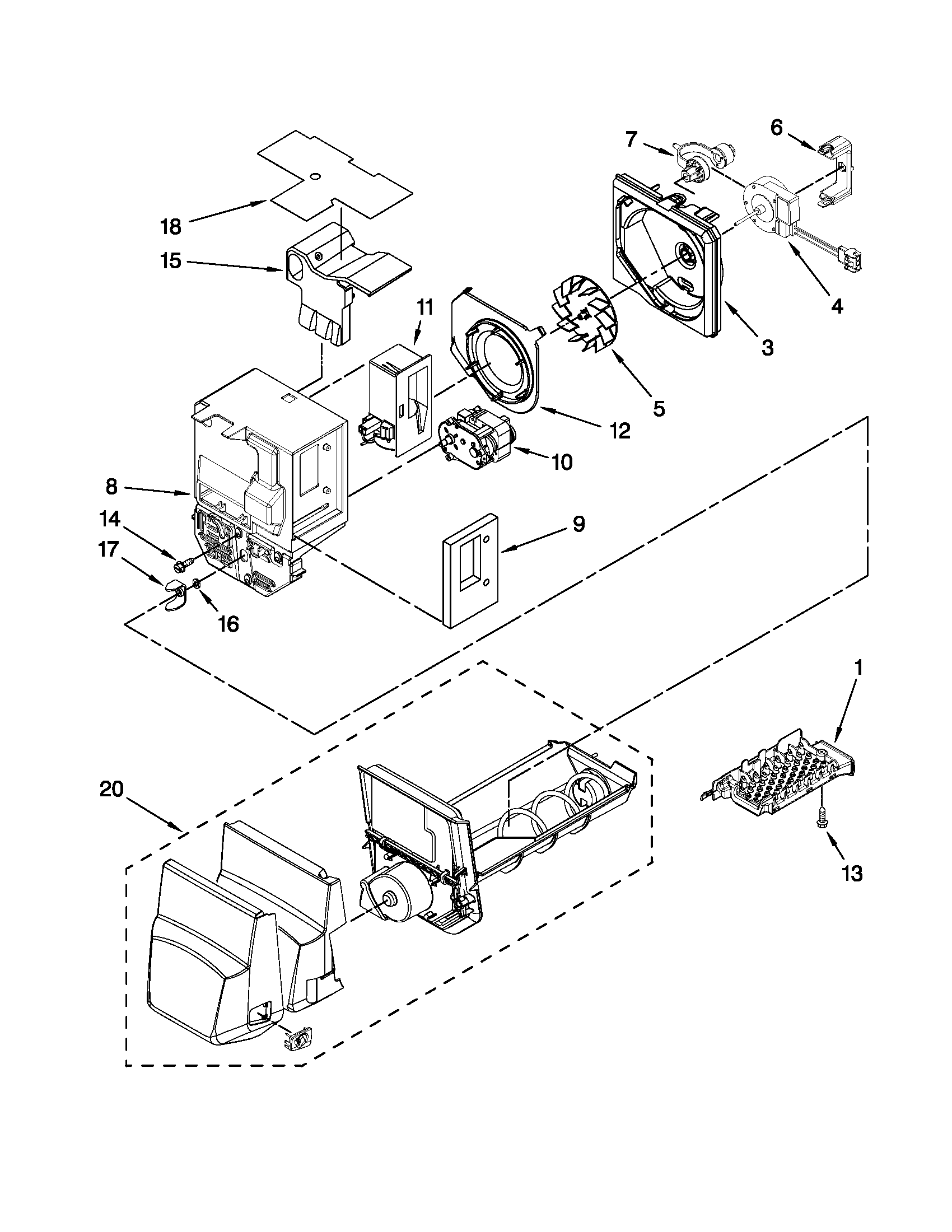 Kenmore 59679543015 motor and ice container parts diagram