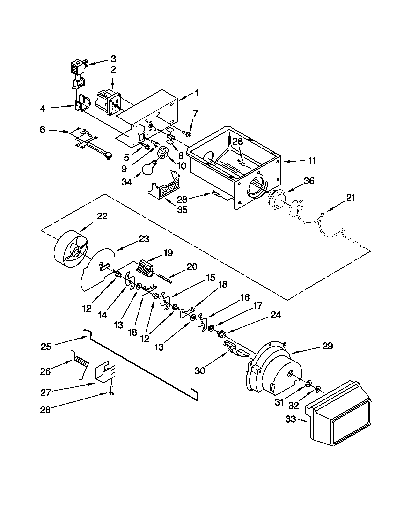 Kenmore 10650212011 motor and ice container parts diagram